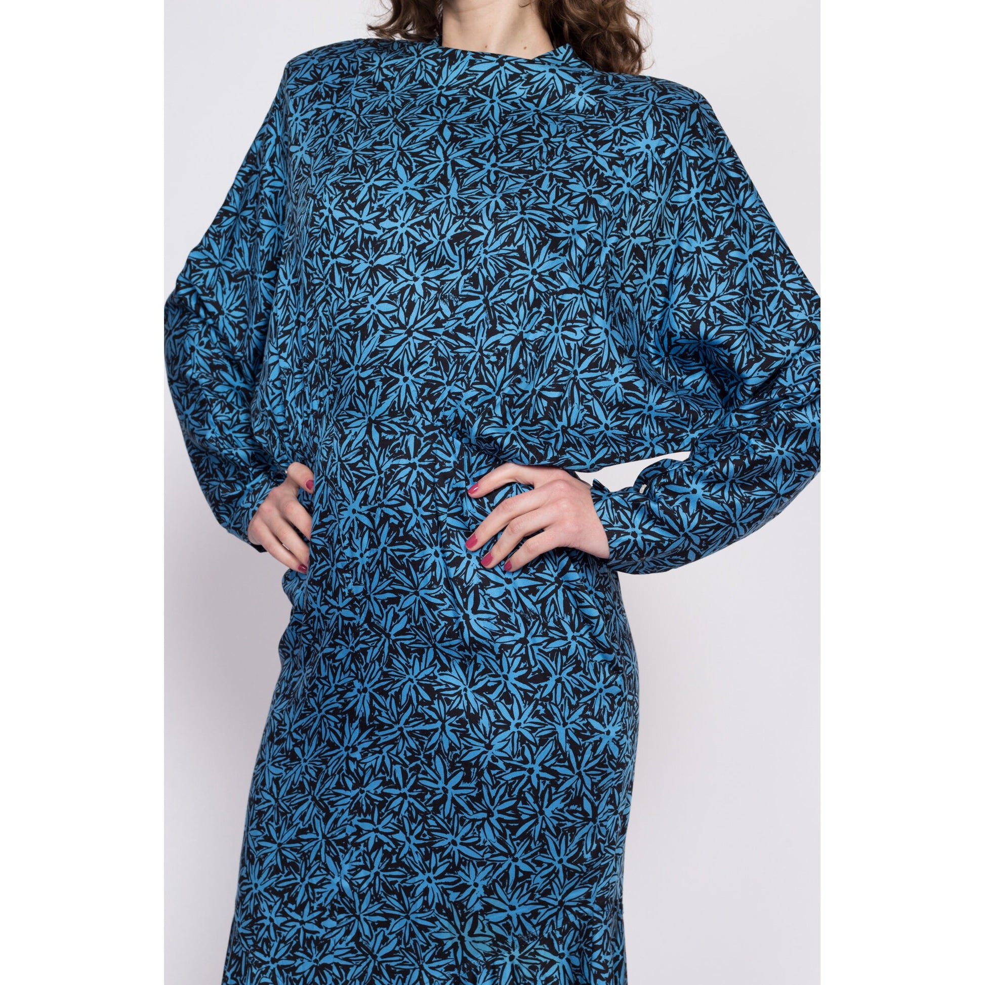 80s Nicole Miller Blue Floral Batwing Sleeve Dress - Medium | Vintage Designer Long Sleeve Midi Secretary Dress