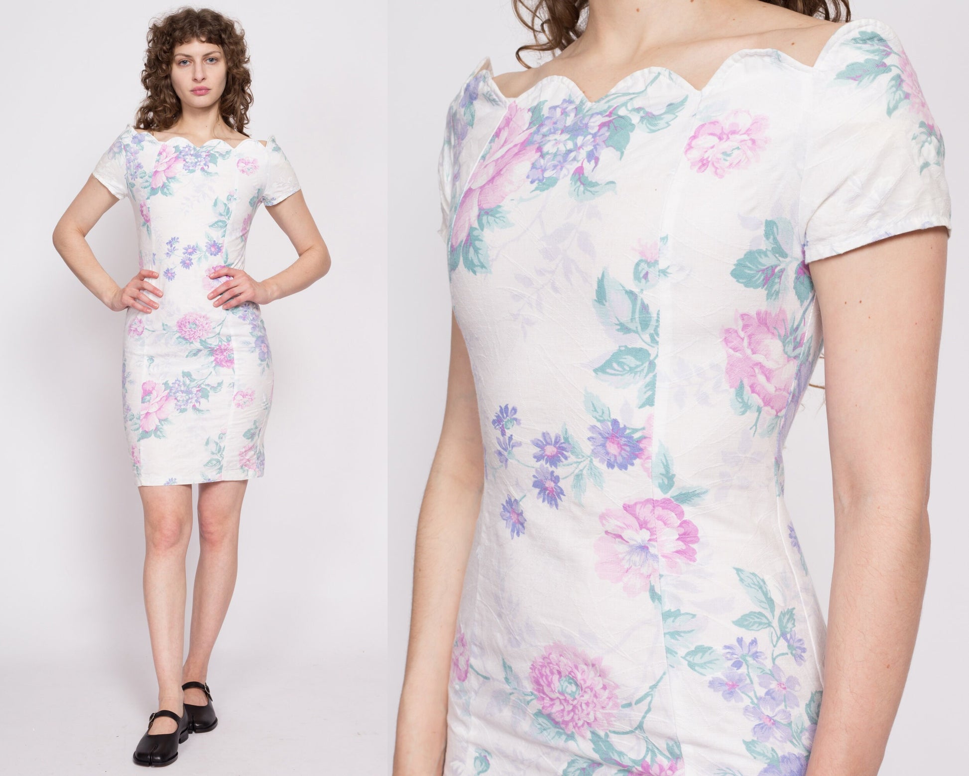 80s Off-Shoulder Peony & Daisy Print Party Dress - Small | Vintage White Floral Scalloped Neck Sheath Mini Dress