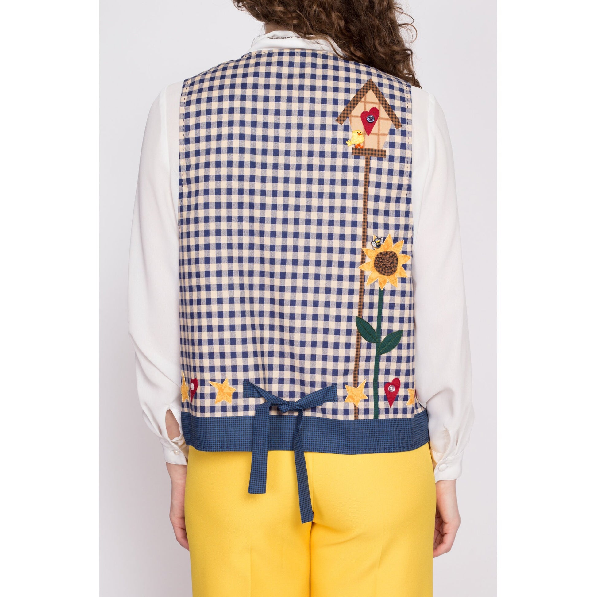 Vintage Sunflower Gingham Novelty Vest - Large to XL | 90s Patchwork Sleeveless Floral Open Fit Retro Top