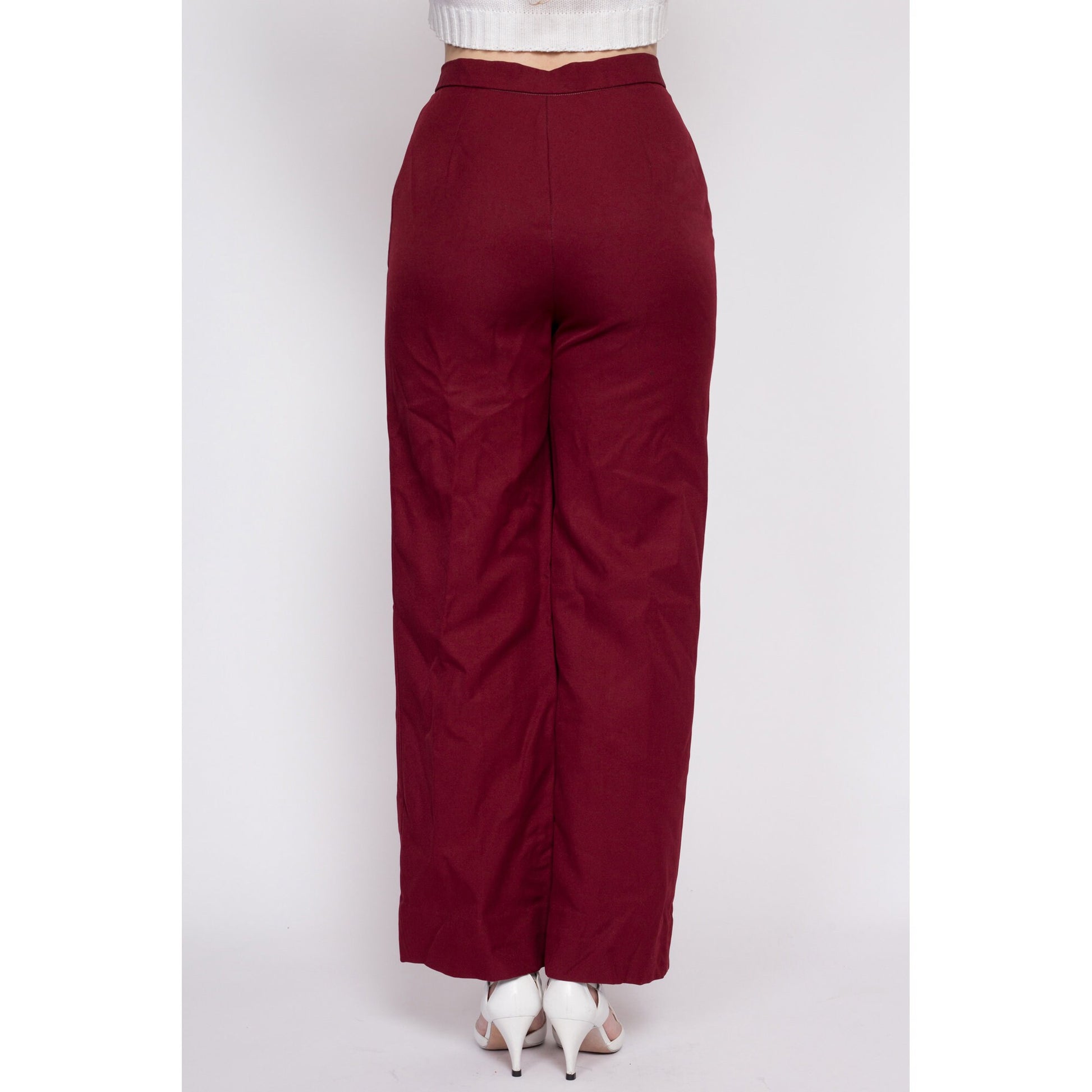 70s Wine Red High Waisted Pants - Medium, 28" | Vintage Straight Leg Retro Polyester Disco Trousers