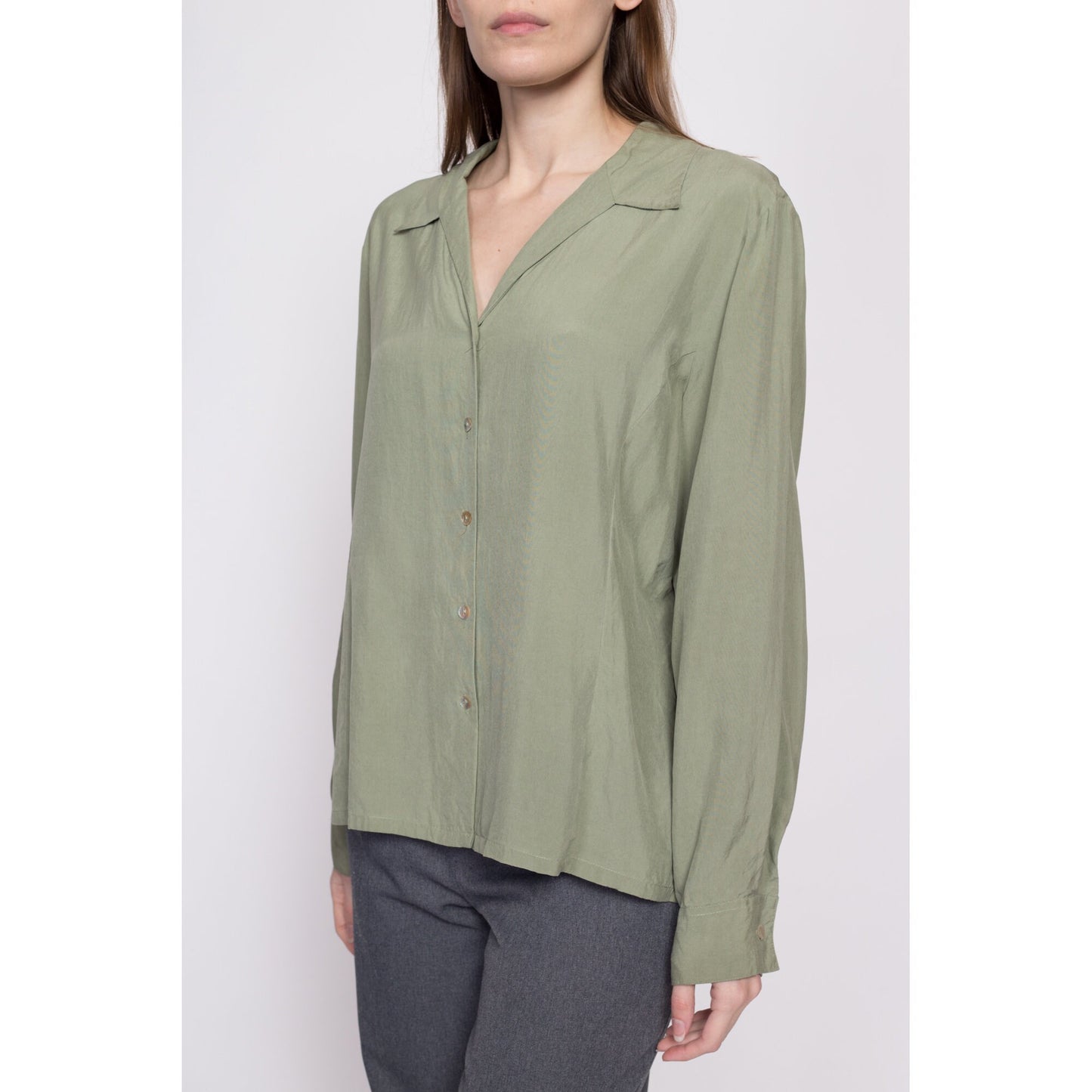 90s Sage Green Silk Blouse - Extra Large | Vintage Minimalist Long Sleeve Button Up Collared Shirt