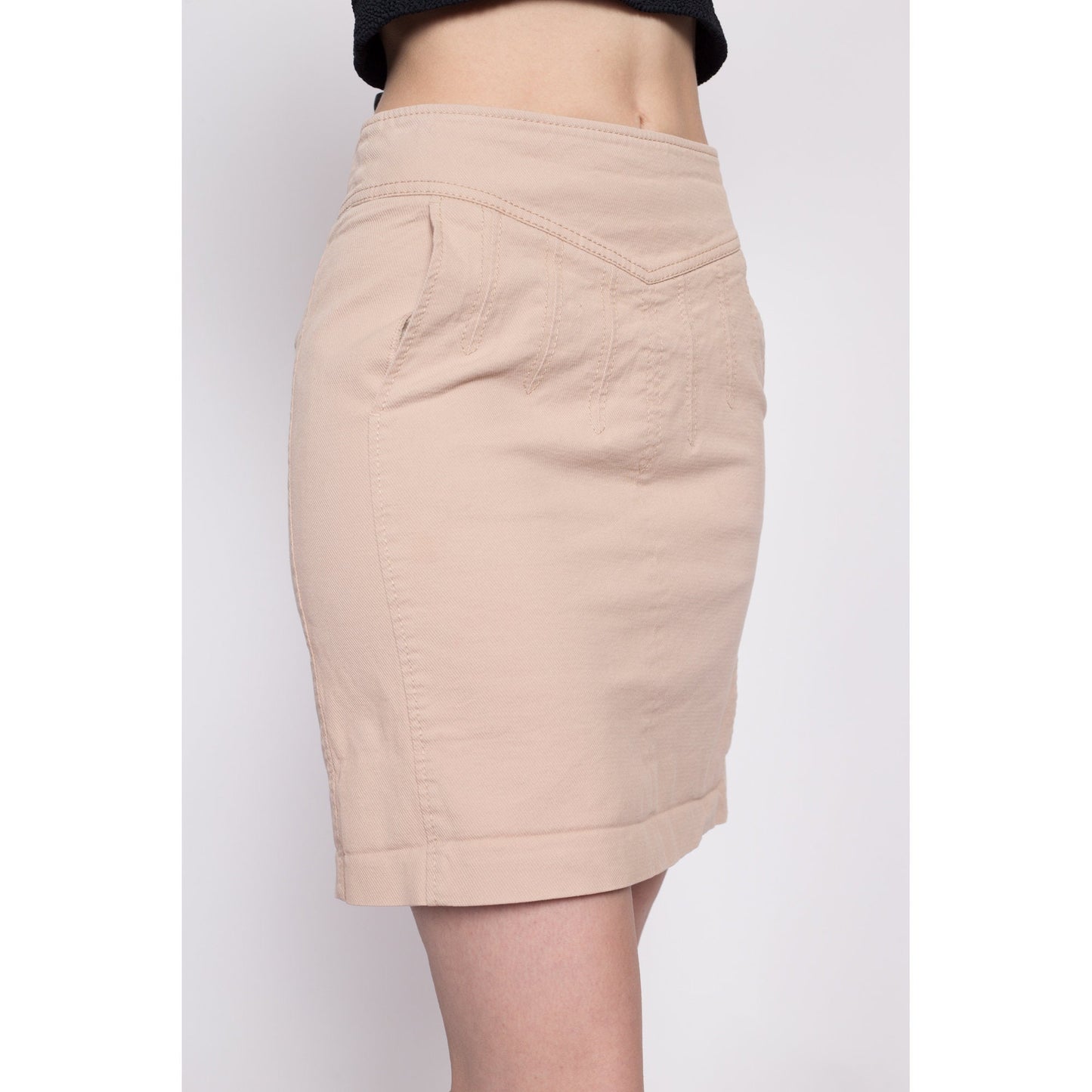 Escada Sport Khaki Mini Skirt - Small | Vintage Mid Rise Denim Pencil Miniskirt