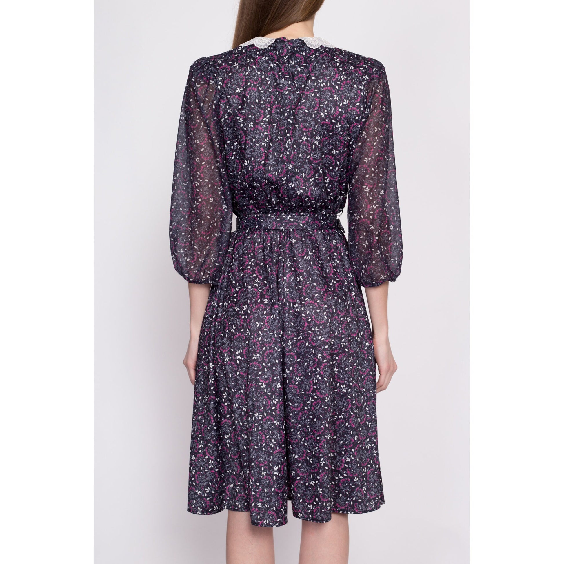 70s Floral Belted Midi Dress - Small to Medium | Vintage 3/4 Sleeve Lace Collar Secretary Dress