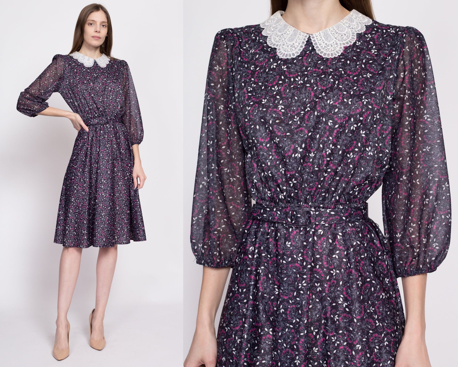 70s Floral Belted Midi Dress - Small to Medium | Vintage 3/4 Sleeve Lace Collar Secretary Dress