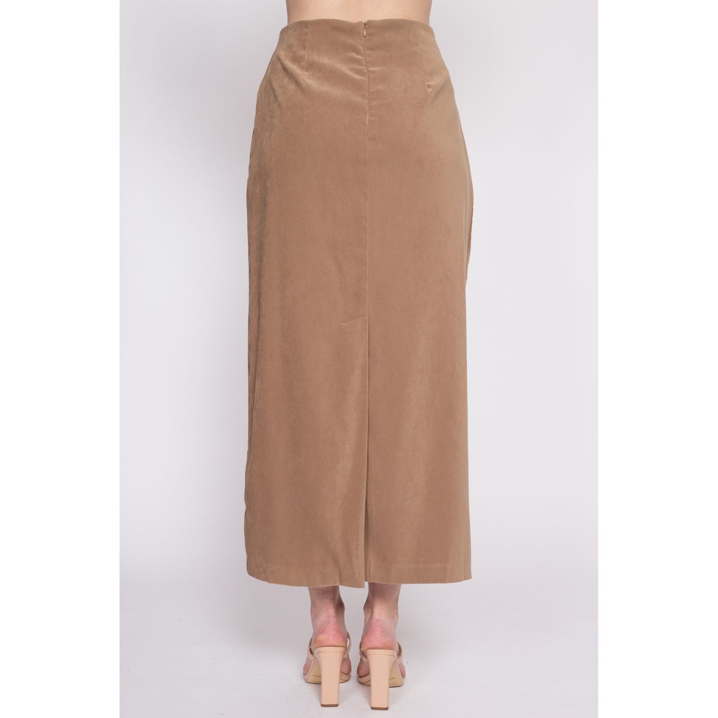 90s Tan Ultrasuede Maxi Skirt - Medium | Vintage Minimalist High Waisted A Line Skirt