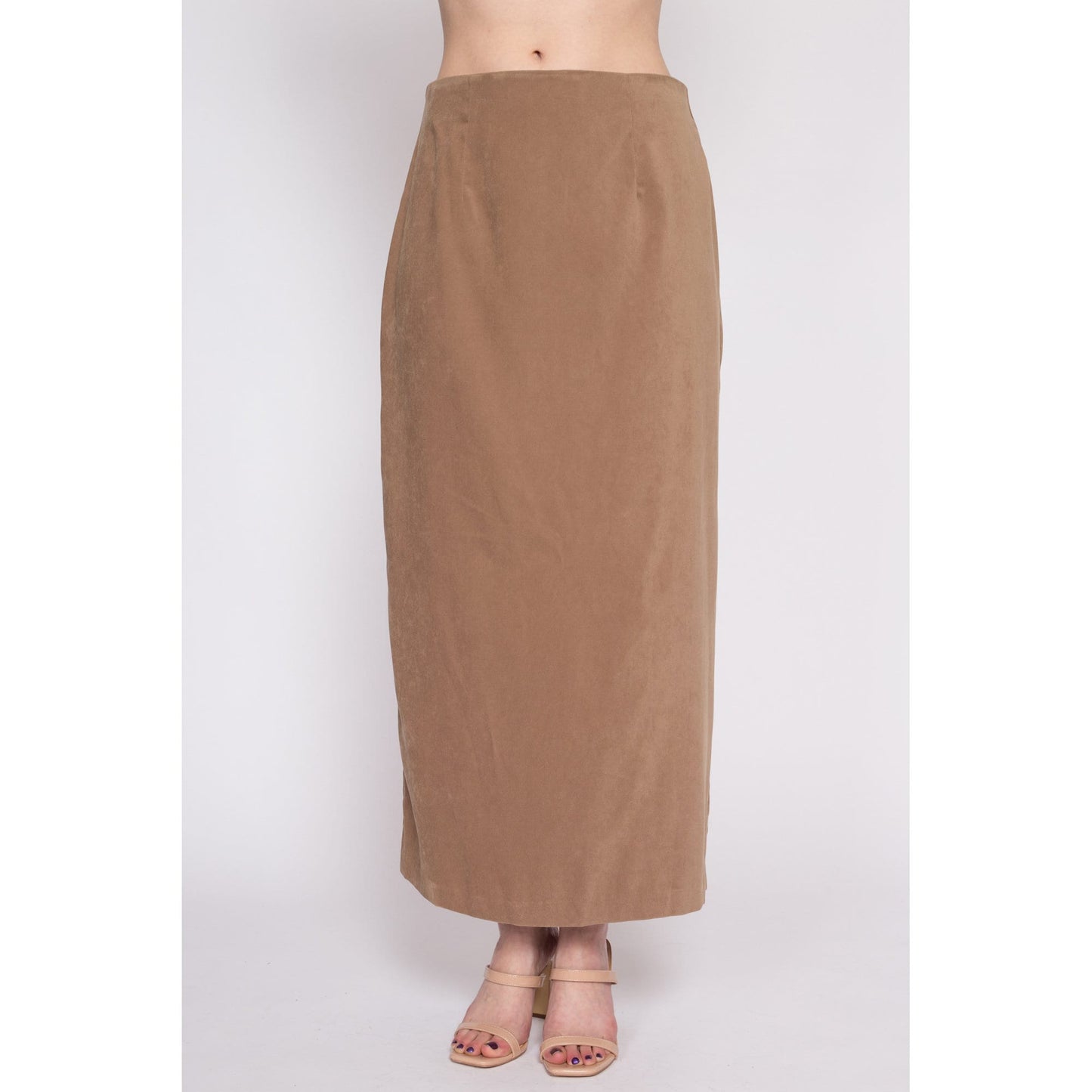 90s Tan Ultrasuede Maxi Skirt - Medium | Vintage Minimalist High Waisted A Line Skirt