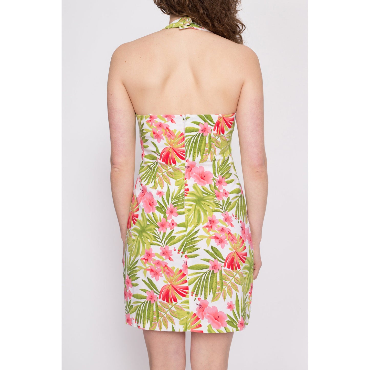 Y2K Tropical Floral Halter Mini Dress - Medium | Vintage White Green Pink Low Back Party Dress