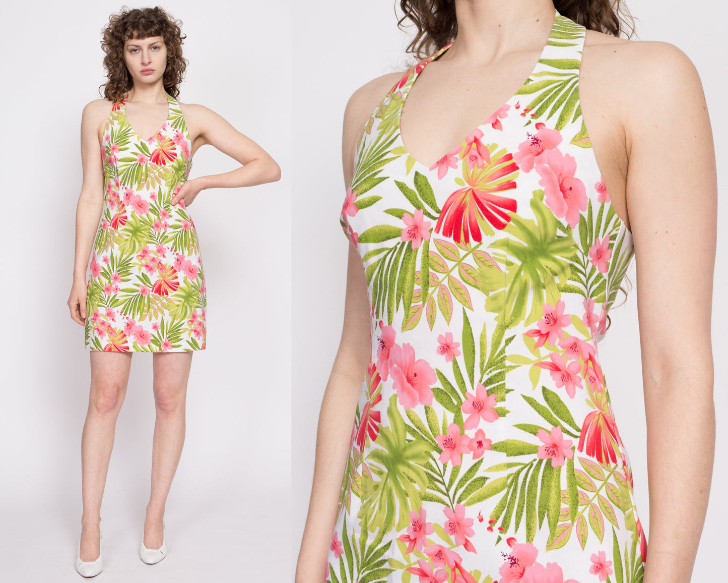 Y2K Tropical Floral Halter Mini Dress - Medium | Vintage White Green Pink Low Back Party Dress