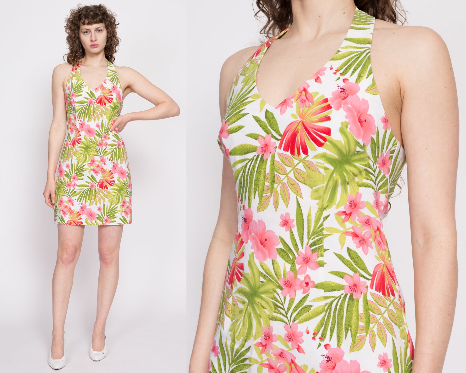 Y2K Tropical Floral Halter Mini Dress - Medium | Vintage White Green Pink Low Back Party Dress