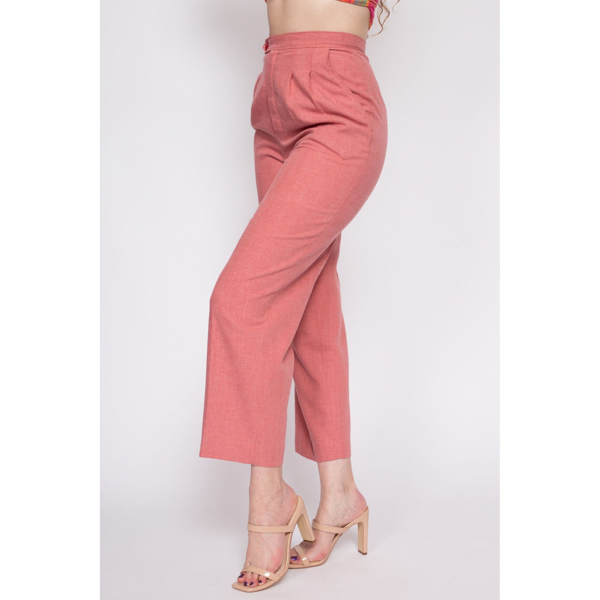 70s Dusty Pink High Waisted Trousers - Small, 26" | Vintage Pleated Tapered Leg Ankle Pants