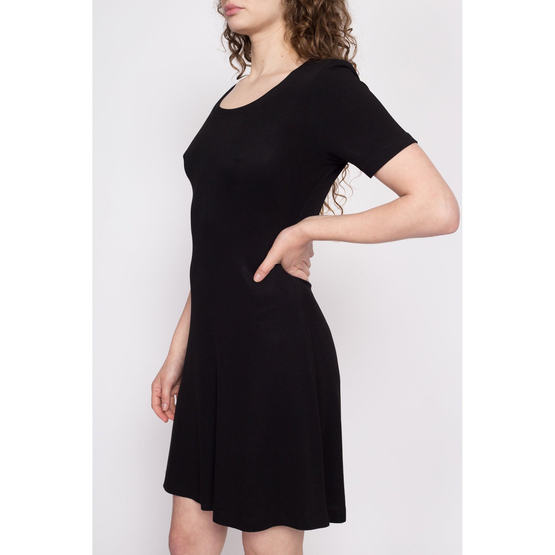 90s Black Scoop Neck Slinky Mini Dress - Small to Medium | Vintage Minimalist Short Sleeve Stretchy Grunge Dress