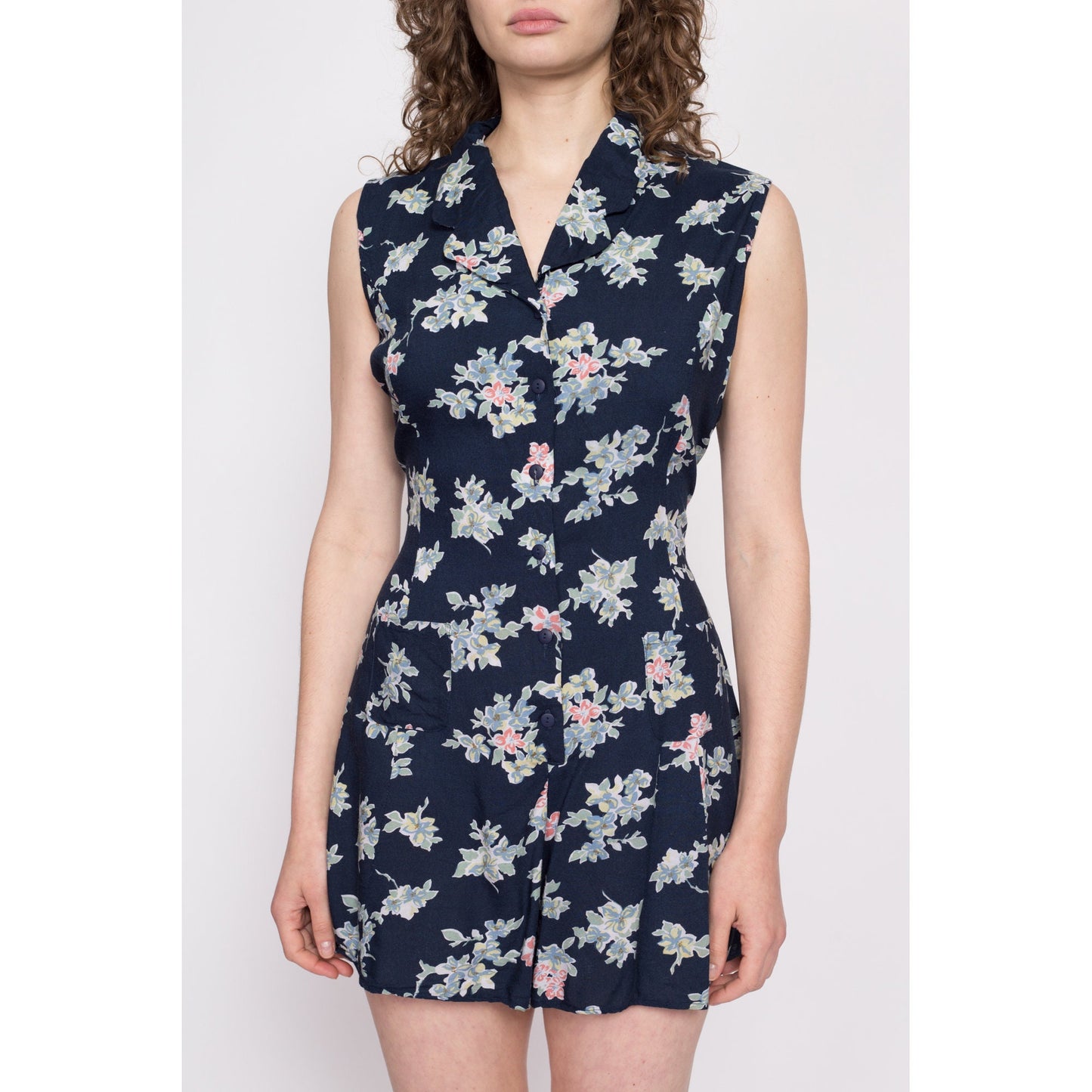 90s Navy Blue Floral Romper - Medium | Vintage Collared Button Up Sleeveless Playsuit