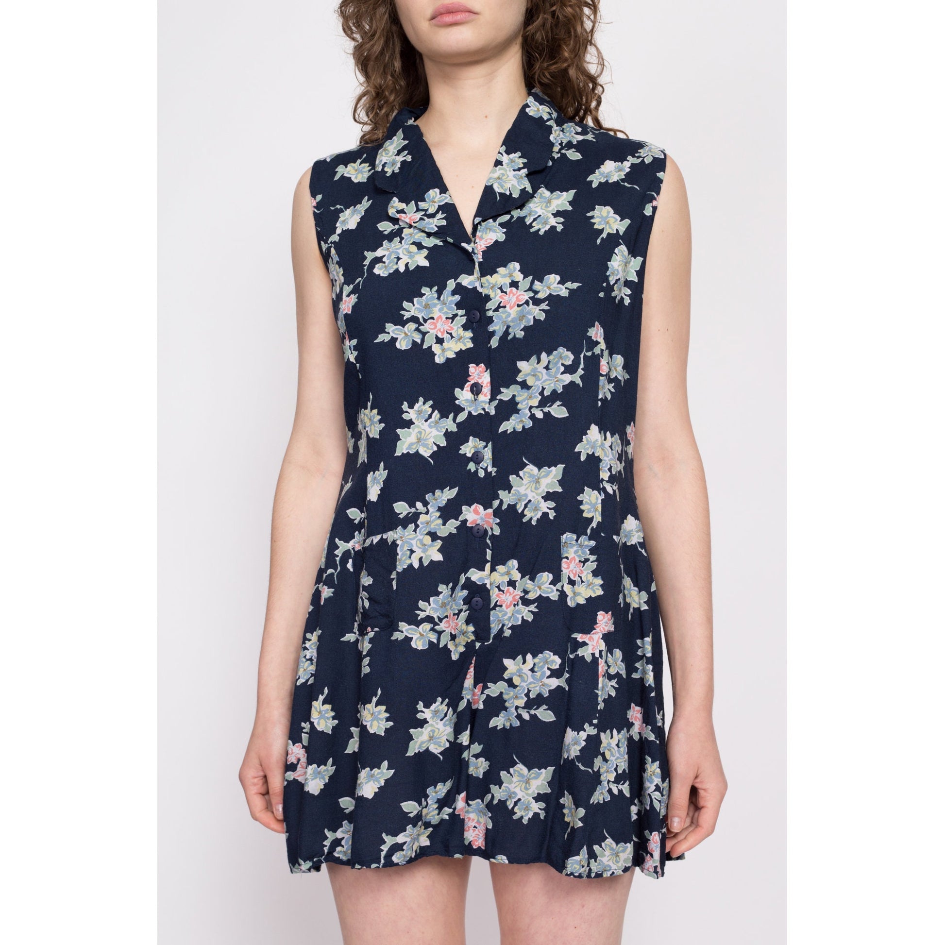 90s Navy Blue Floral Romper - Medium | Vintage Collared Button Up Sleeveless Playsuit