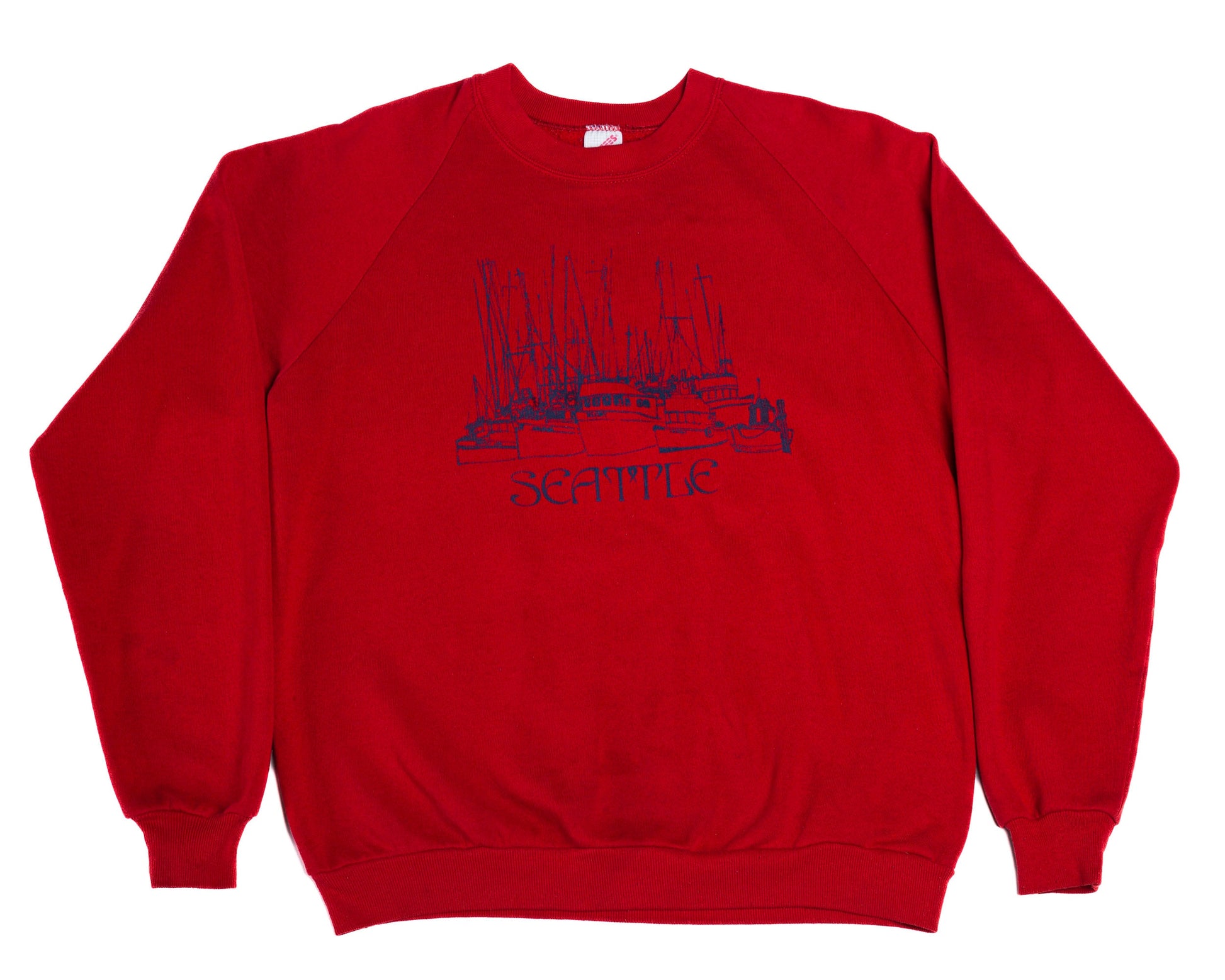 80s 90s Seattle Sailboat Sweatshirt - Men's Medium, Women's Large | Vintage Red Harbor Graphic Raglan Sleeve Tourist Crewneck