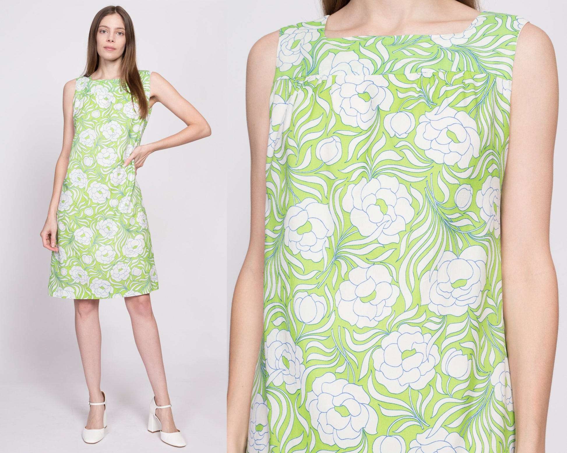 60s Psychedelic Floral Mini Shift Dress - Medium | Vintage Green White Sleeveless Knee Length Dress