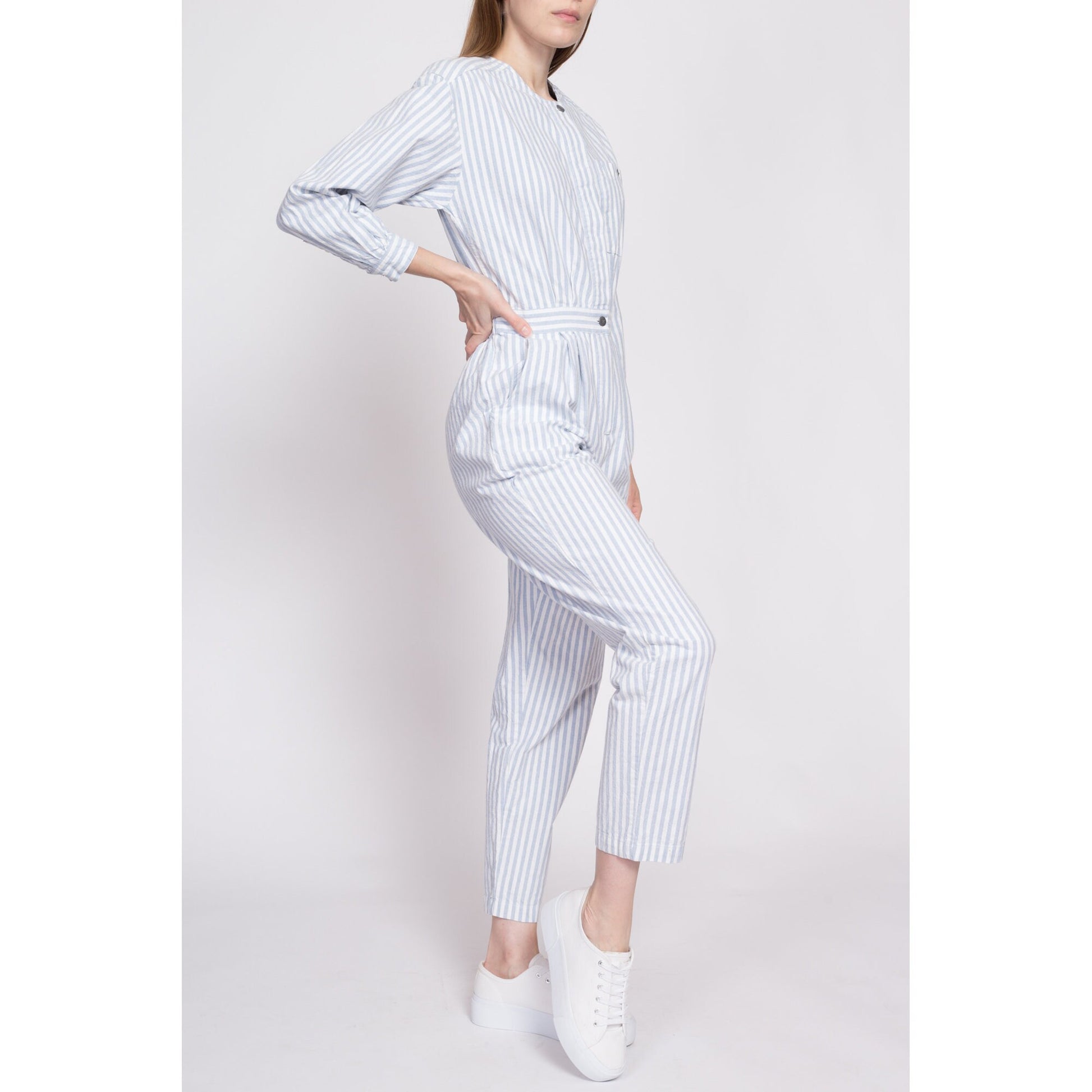 80s Eddie Bauer White & Blue Striped Jumpsuit - Petite Small | Vintage Cotton Fitted Waist Button Up Coveralls