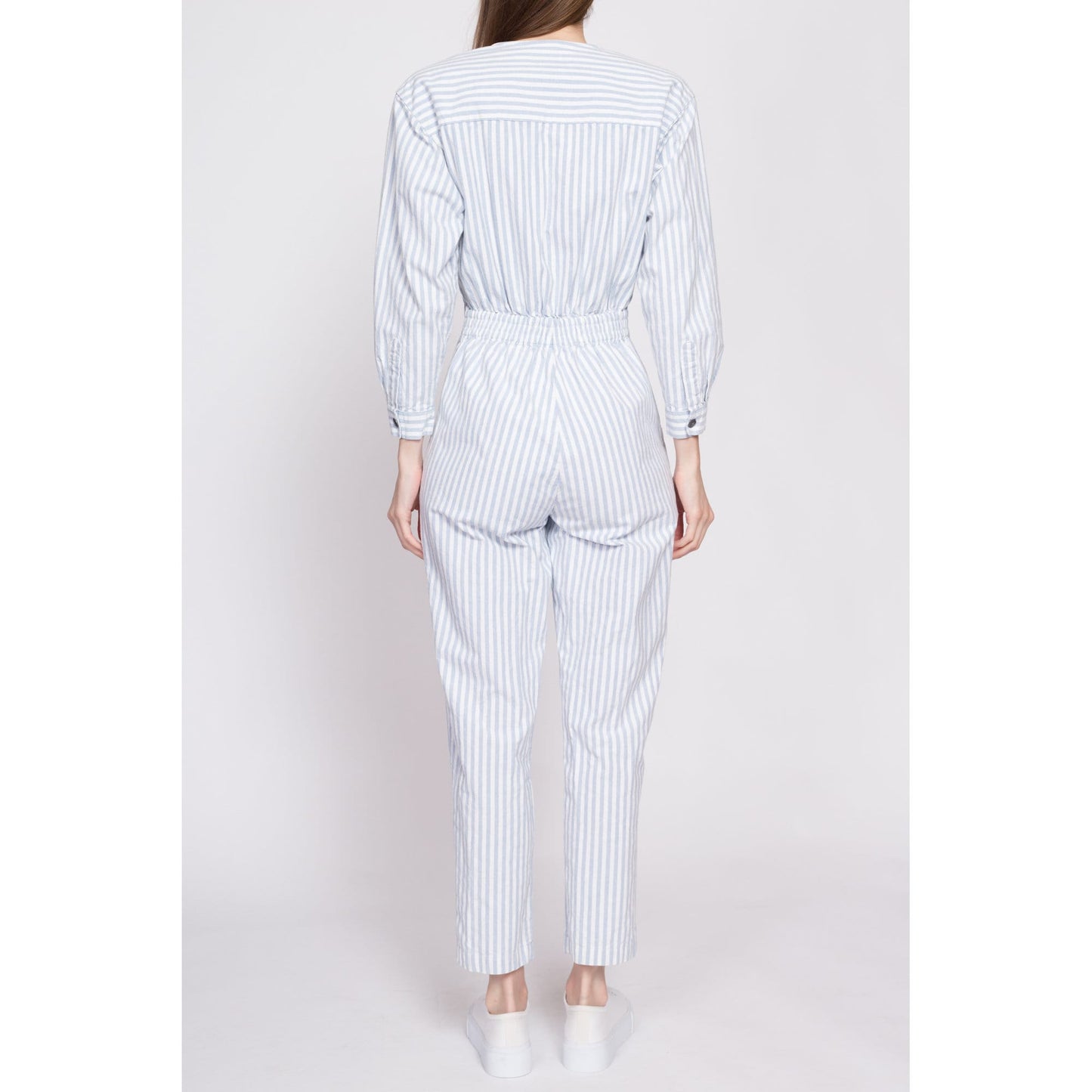 80s Eddie Bauer White & Blue Striped Jumpsuit - Petite Small | Vintage Cotton Fitted Waist Button Up Coveralls
