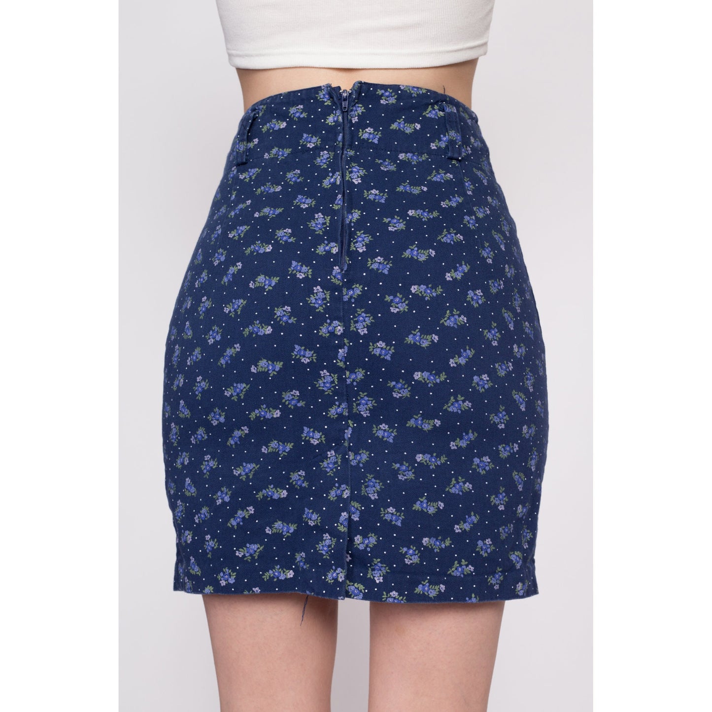 90s Blue Floral Mini Pencil Skirt - Extra Small, 24.5" | Vintage Navy Polka Dot High Waisted Miniskirt