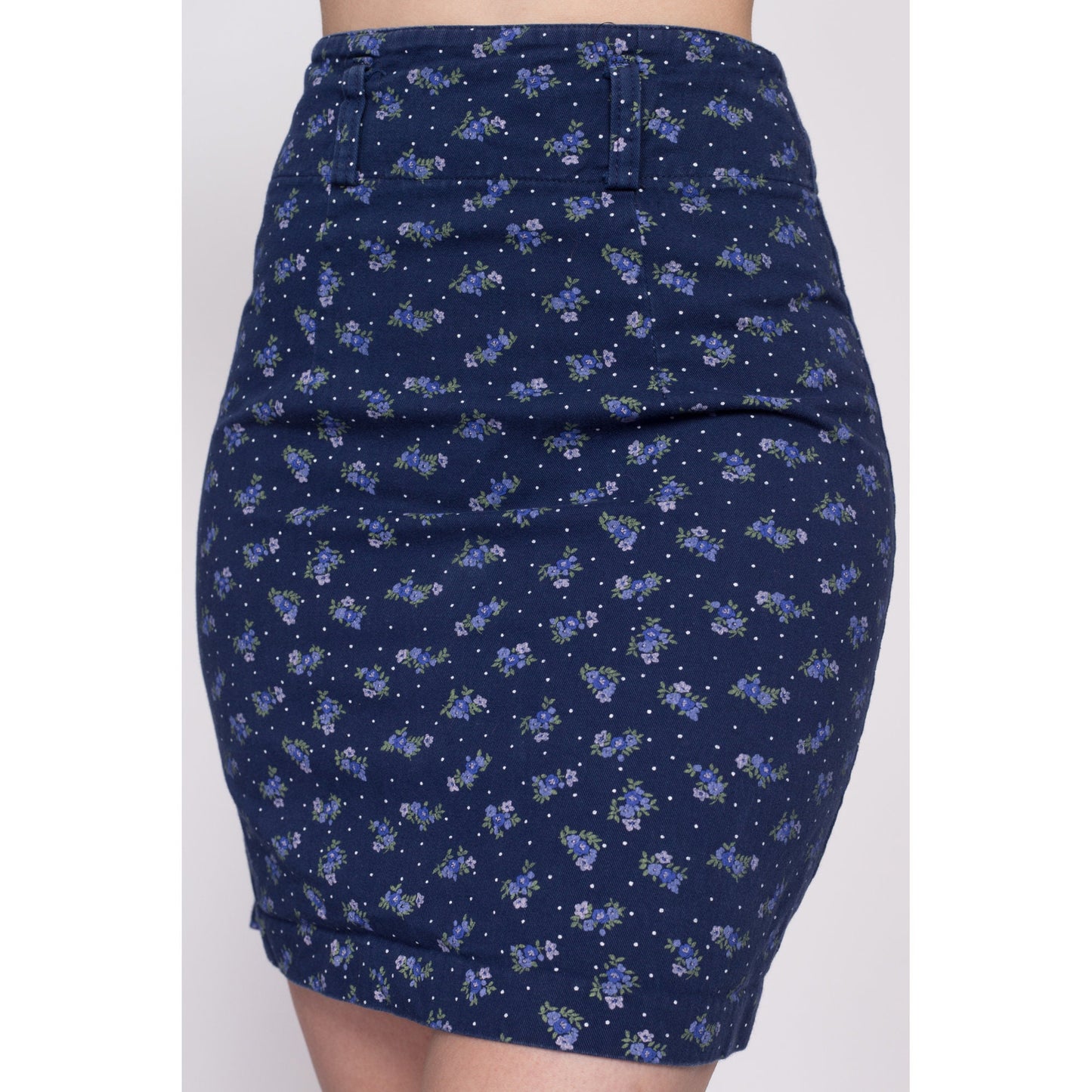 90s Blue Floral Mini Pencil Skirt - Extra Small, 24.5" | Vintage Navy Polka Dot High Waisted Miniskirt