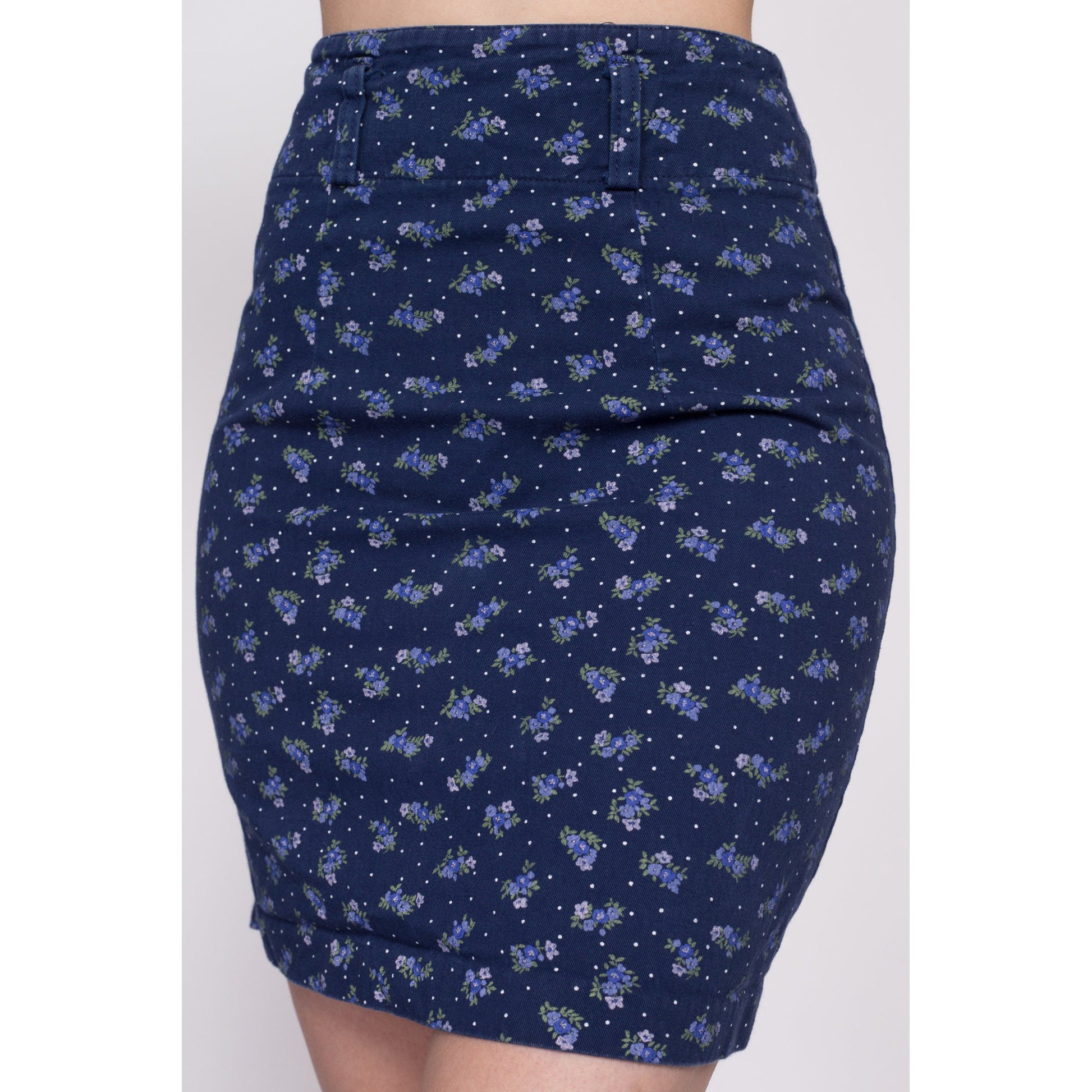 90s Blue Floral Mini Pencil Skirt - Extra Small, 24.5" | Vintage Navy Polka Dot High Waisted Miniskirt