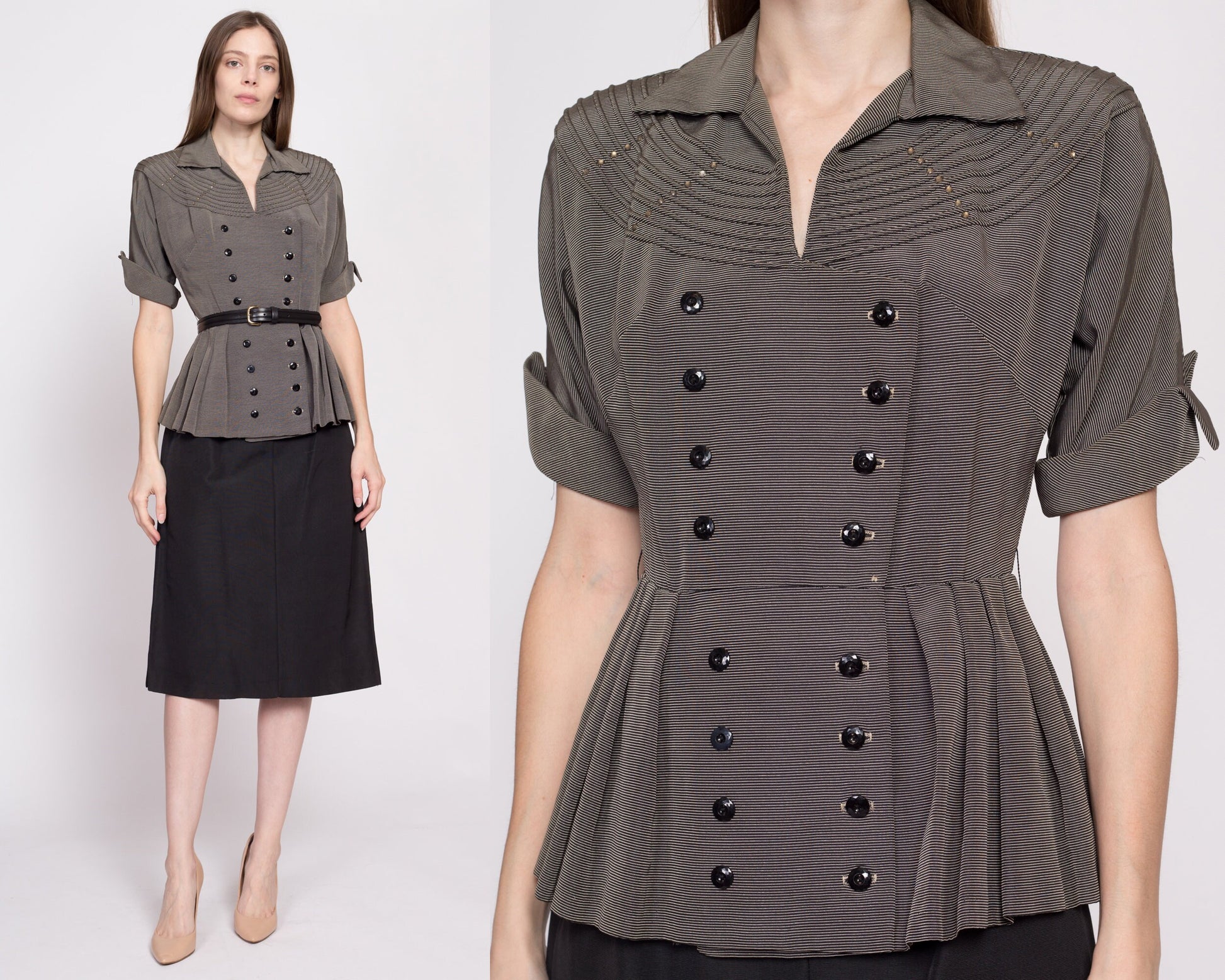 1940s Black & White Striped Peplum Secretary Dress - Small | Vintage 40s Cuffed Short Sleeve Midi Dress