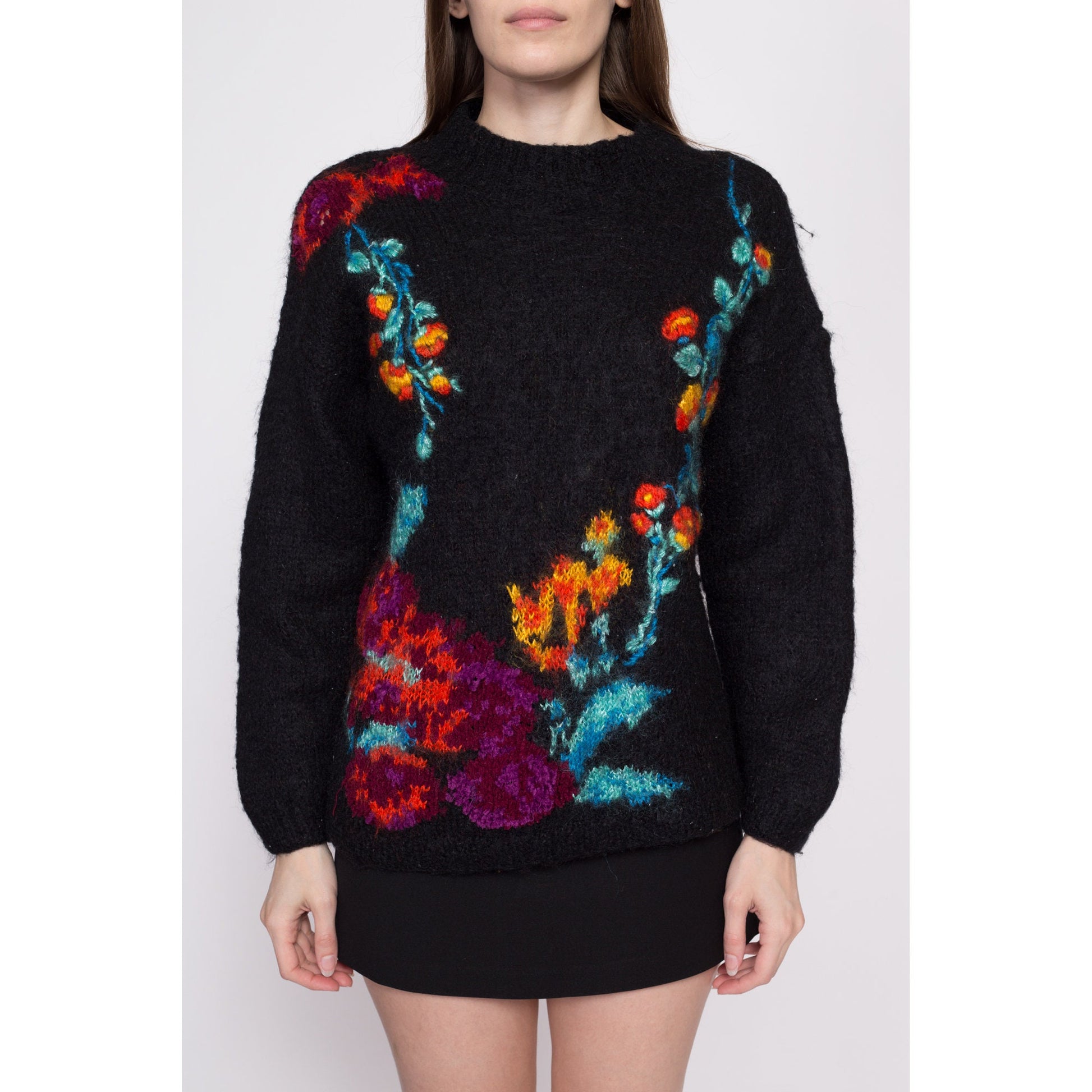 80s Black Embroidered Floral Sweater - Medium | Vintage Wool Mohair Knit Funnel Neck Pullover Jumper