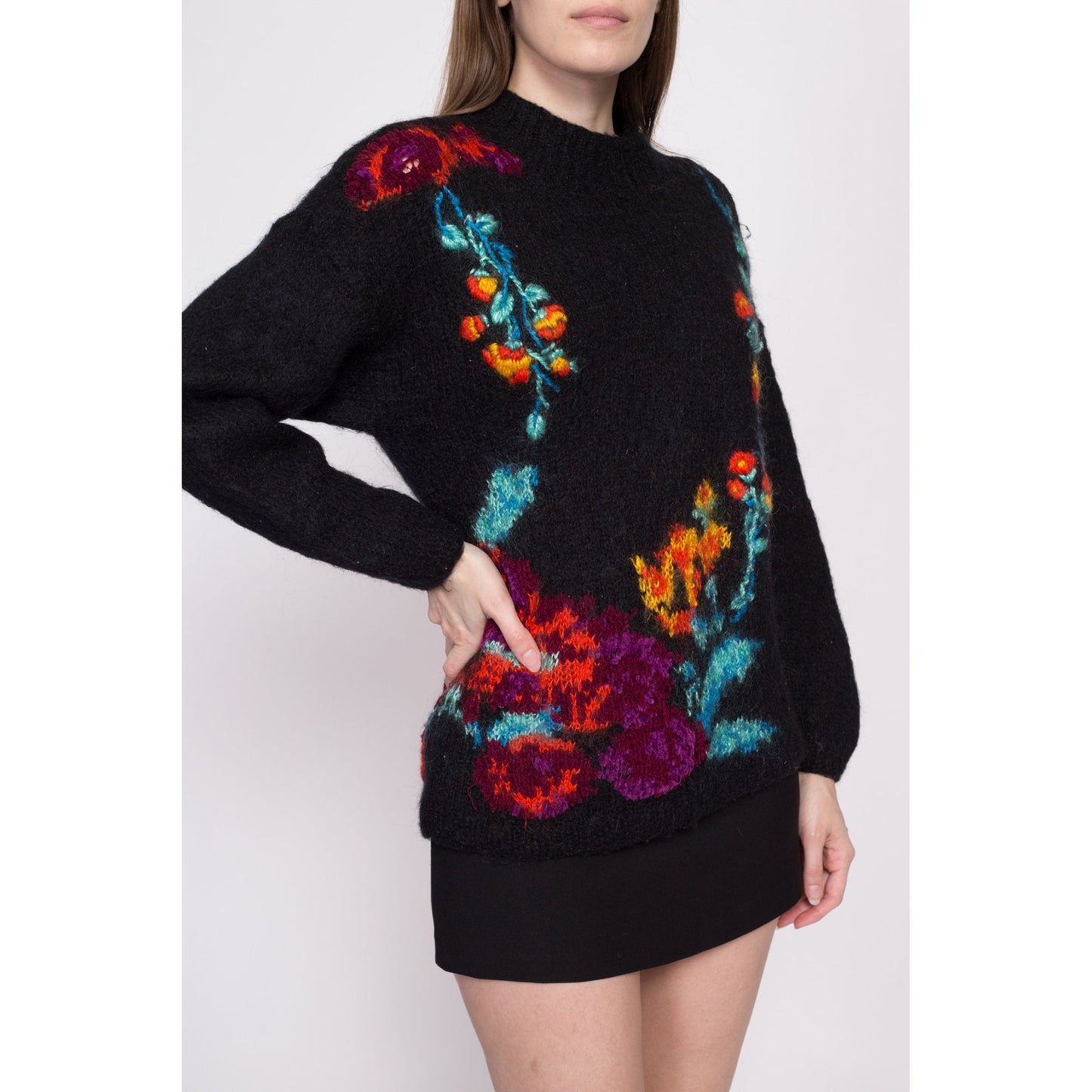 80s Black Embroidered Floral Sweater - Medium | Vintage Wool Mohair Knit Funnel Neck Pullover Jumper