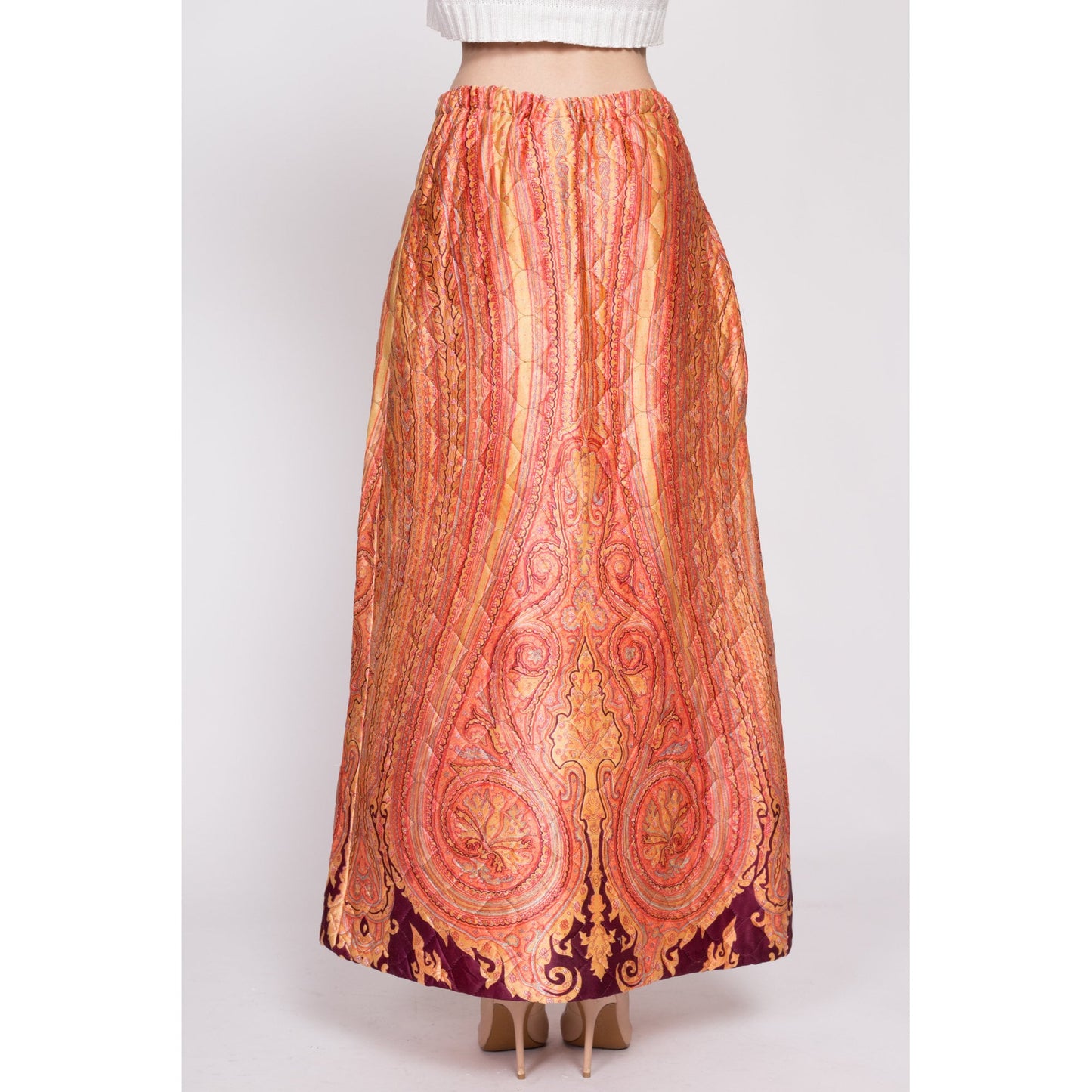 70s Psychedelic Quilted Paisley Satin Maxi Skirt - Medium to Large | Vintage Boho High Waisted A Line Button Up Skirt