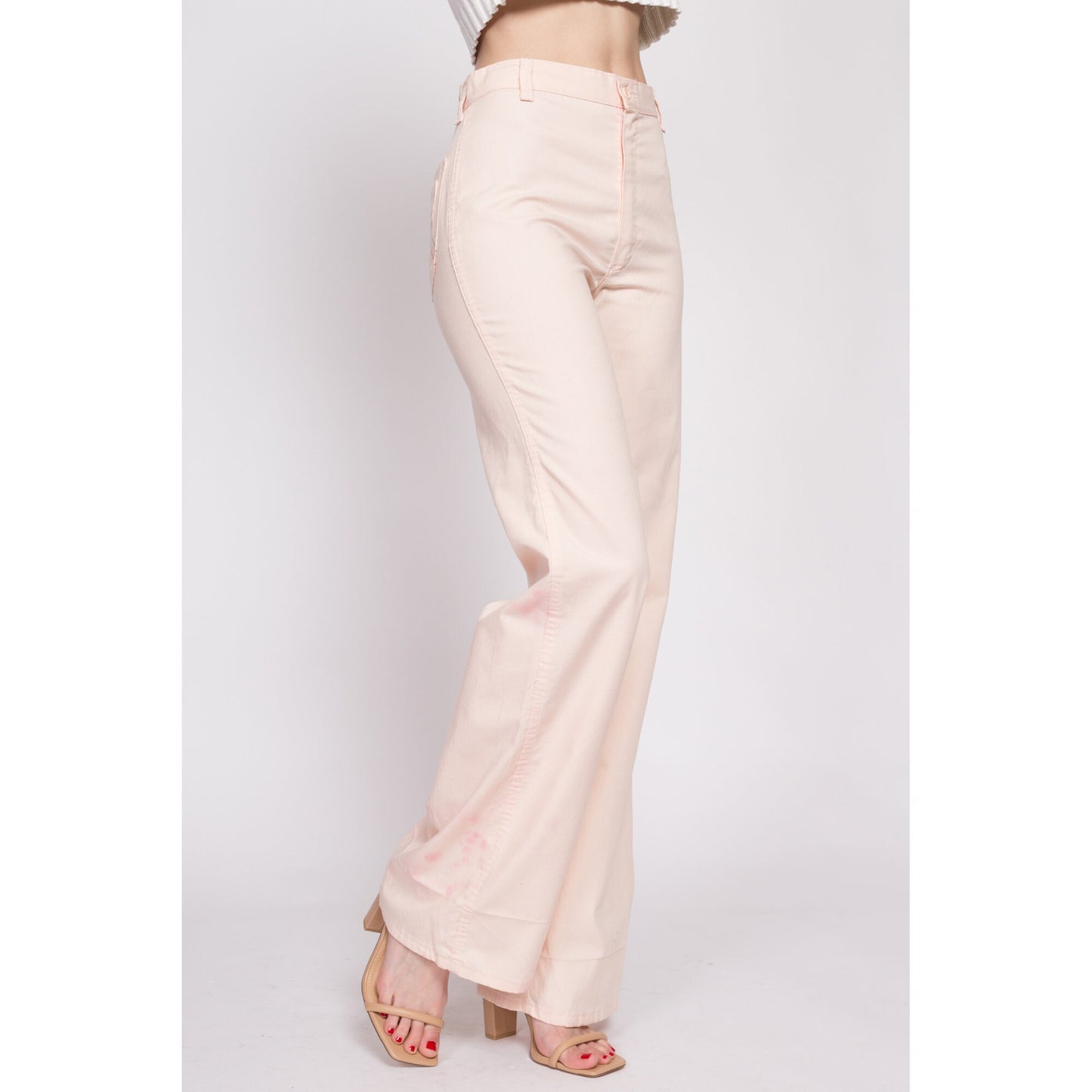 70s Wrangler Rainbow Stitch Flares - Small, 26.5" | Vintage Distressed Baby Pink High Waisted Flared Leg Pants