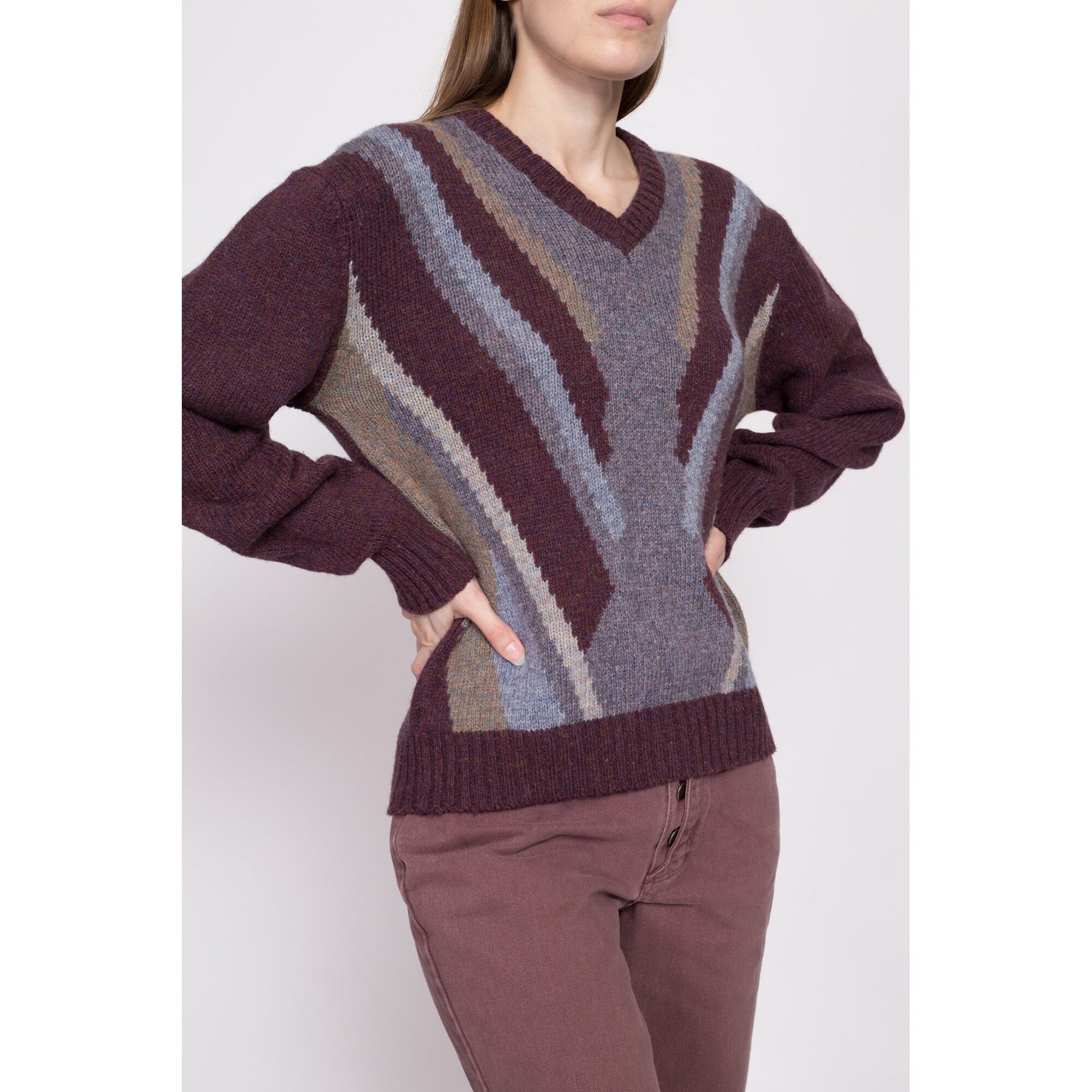 70s 80s McGregor V Neck Striped Sweater - Men's Small, Women's Medium | Vintage Plum Purple Knit Pullover Jumper