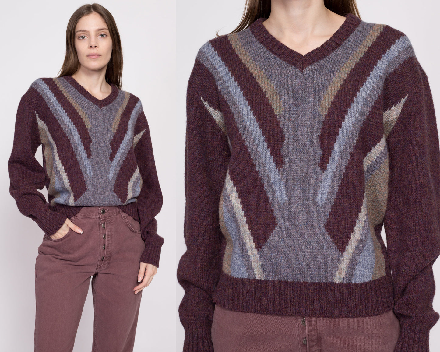 70s 80s McGregor V Neck Striped Sweater - Men's Small, Women's Medium | Vintage Plum Purple Knit Pullover Jumper