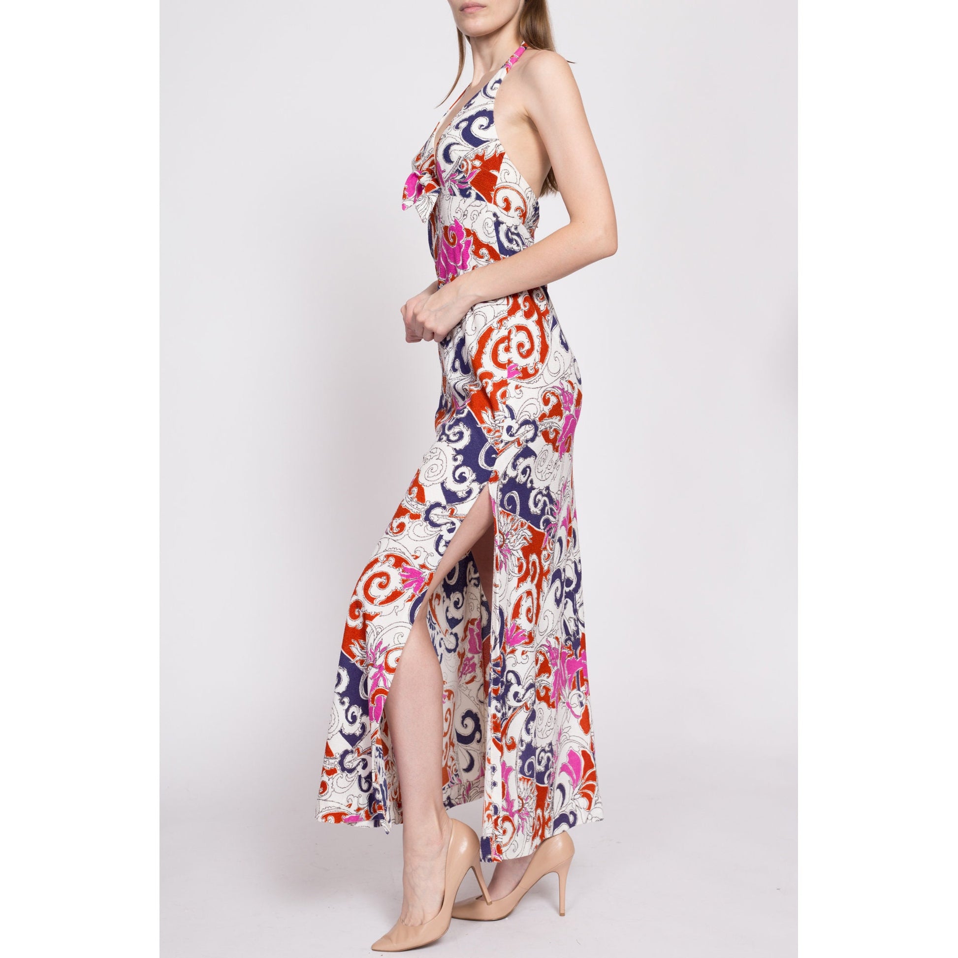 70s Psychedelic Trumpet Flower Print Halter Maxi Dress - XS to Small | Vintage Boho Floral Backless Towel Sundress