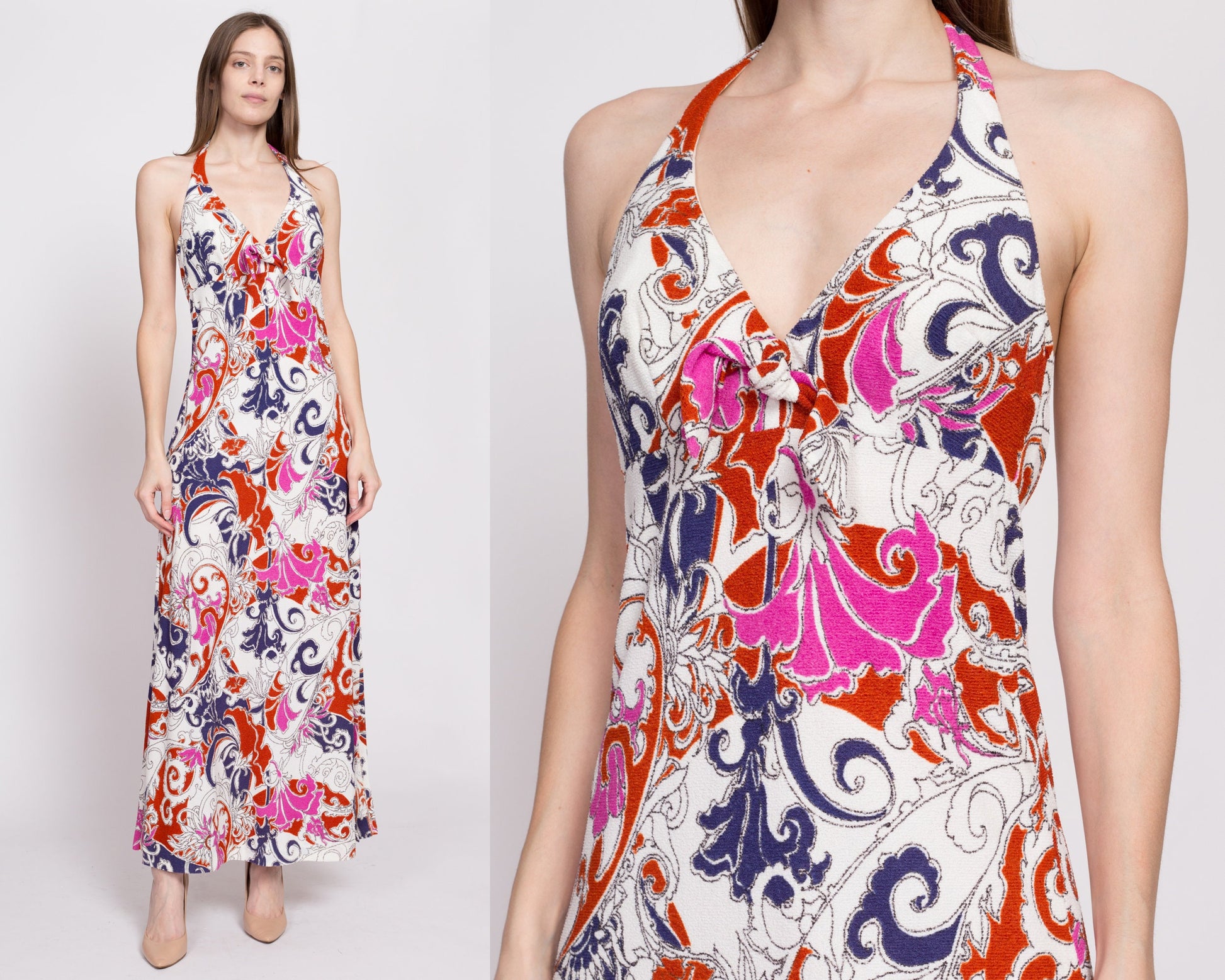 70s Psychedelic Trumpet Flower Print Halter Maxi Dress - XS to Small | Vintage Boho Floral Backless Towel Sundress