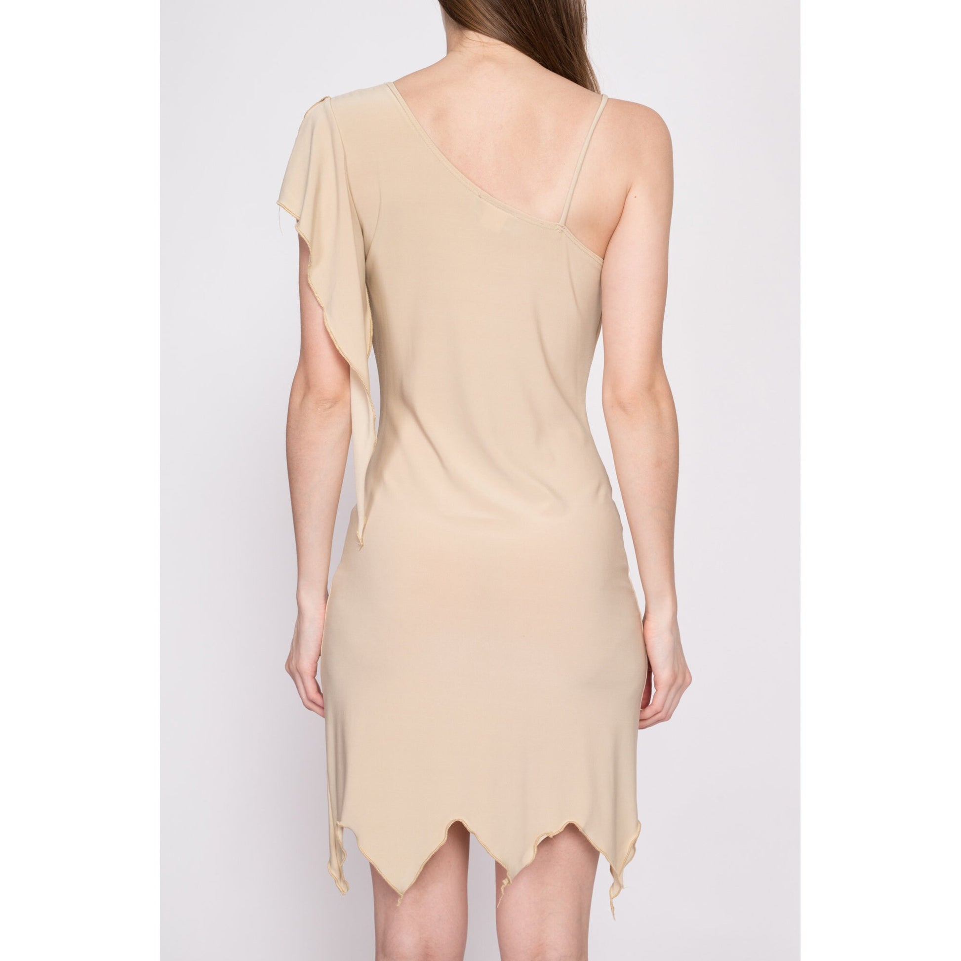 Y2K Flutter Sleeve Mini Fairy Party Dress - Small to Medium | Vintage Tan Scarf Hem Asymmetrical One Shoulder Dress