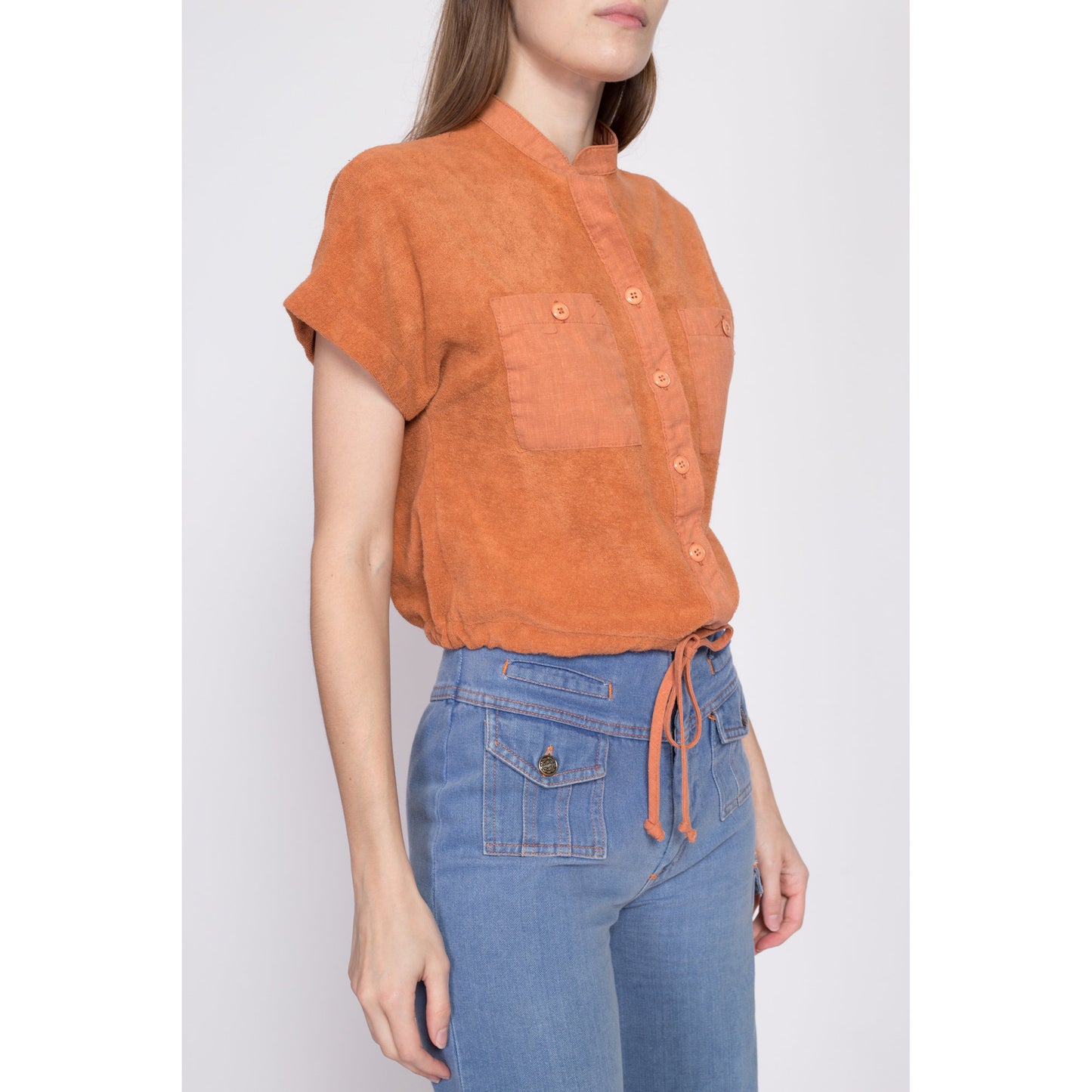 70s Catalina Burnt Orange Terrycloth Crop Top - Medium | Vintage Button Up Drawstring Waist Cropped Casual Shirt