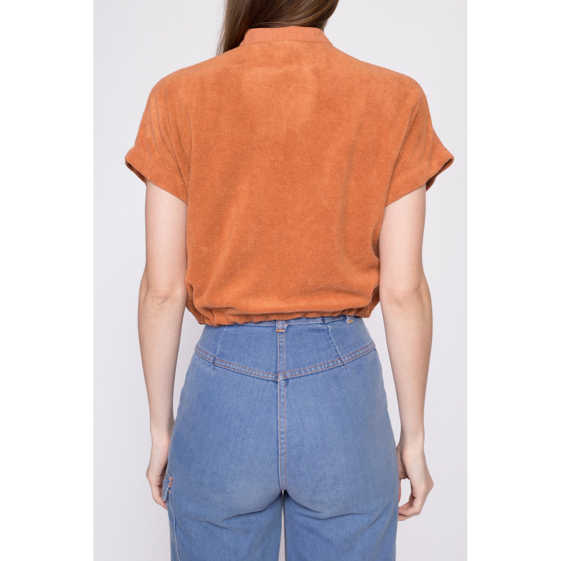 70s Catalina Burnt Orange Terrycloth Crop Top - Medium | Vintage Button Up Drawstring Waist Cropped Casual Shirt