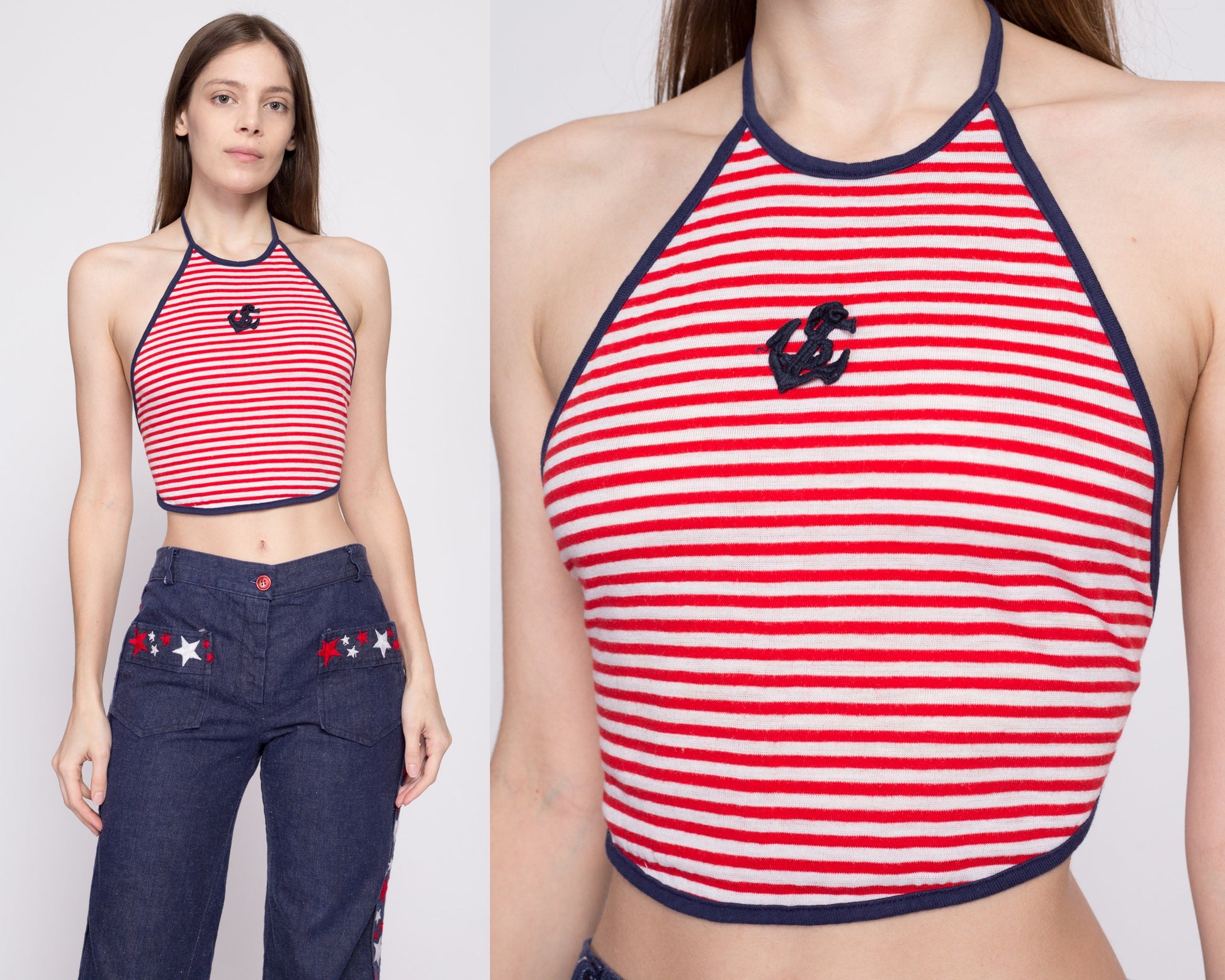 70s Nautical Striped Backless Halter Crop Top - Small | Vintage Anchor Applique Cropped Summer Shirt