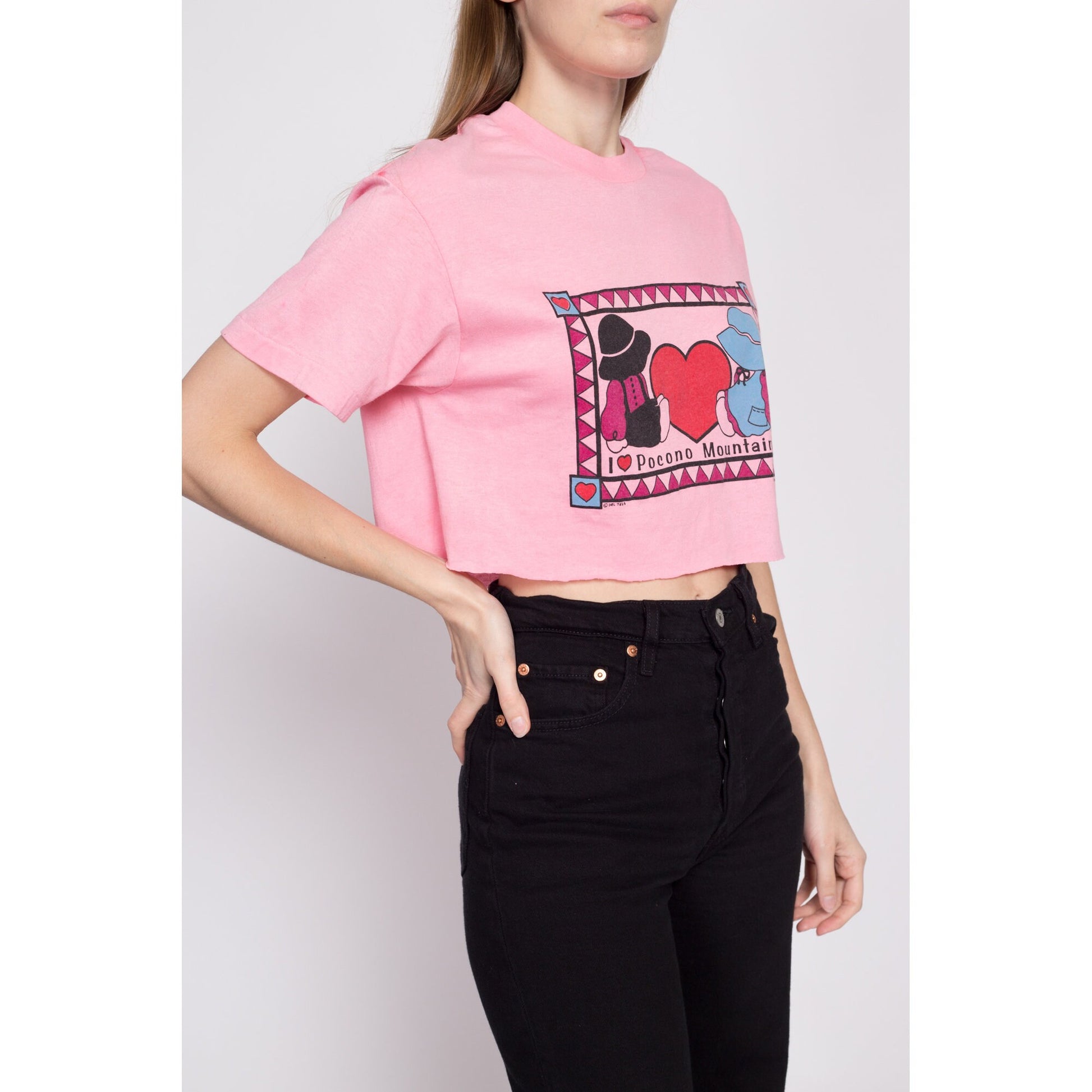 80s "I Heart Pocono Mountains" Crop Top Tee - Large | Vintage Cute Pink Tourist Souvenir T Shirt