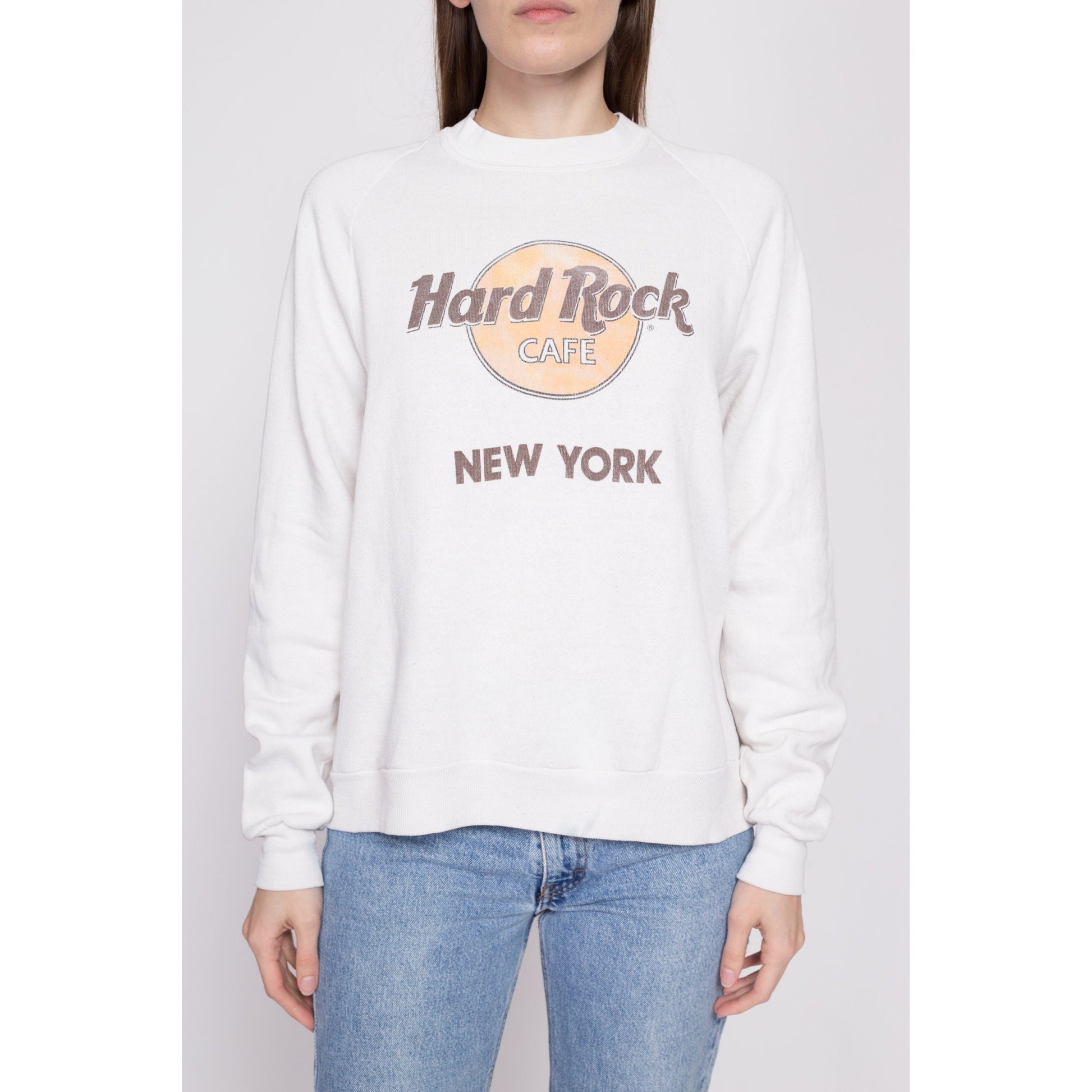 80s Hard Rock Cafe New York City Sweatshirt - Men's Medium, Women's Large | Vintage White Graphic Crewneck Tourist Pullover