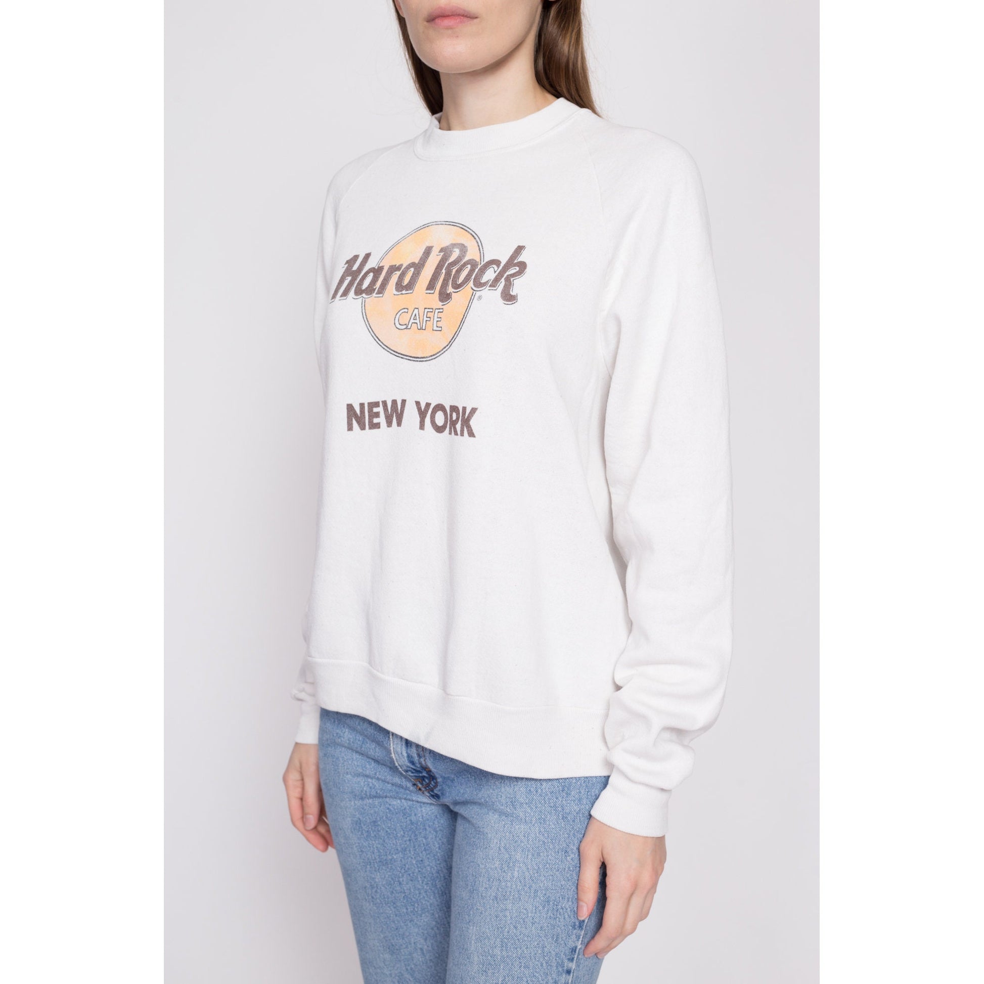 80s Hard Rock Cafe New York City Sweatshirt - Men's Medium, Women's Large | Vintage White Graphic Crewneck Tourist Pullover