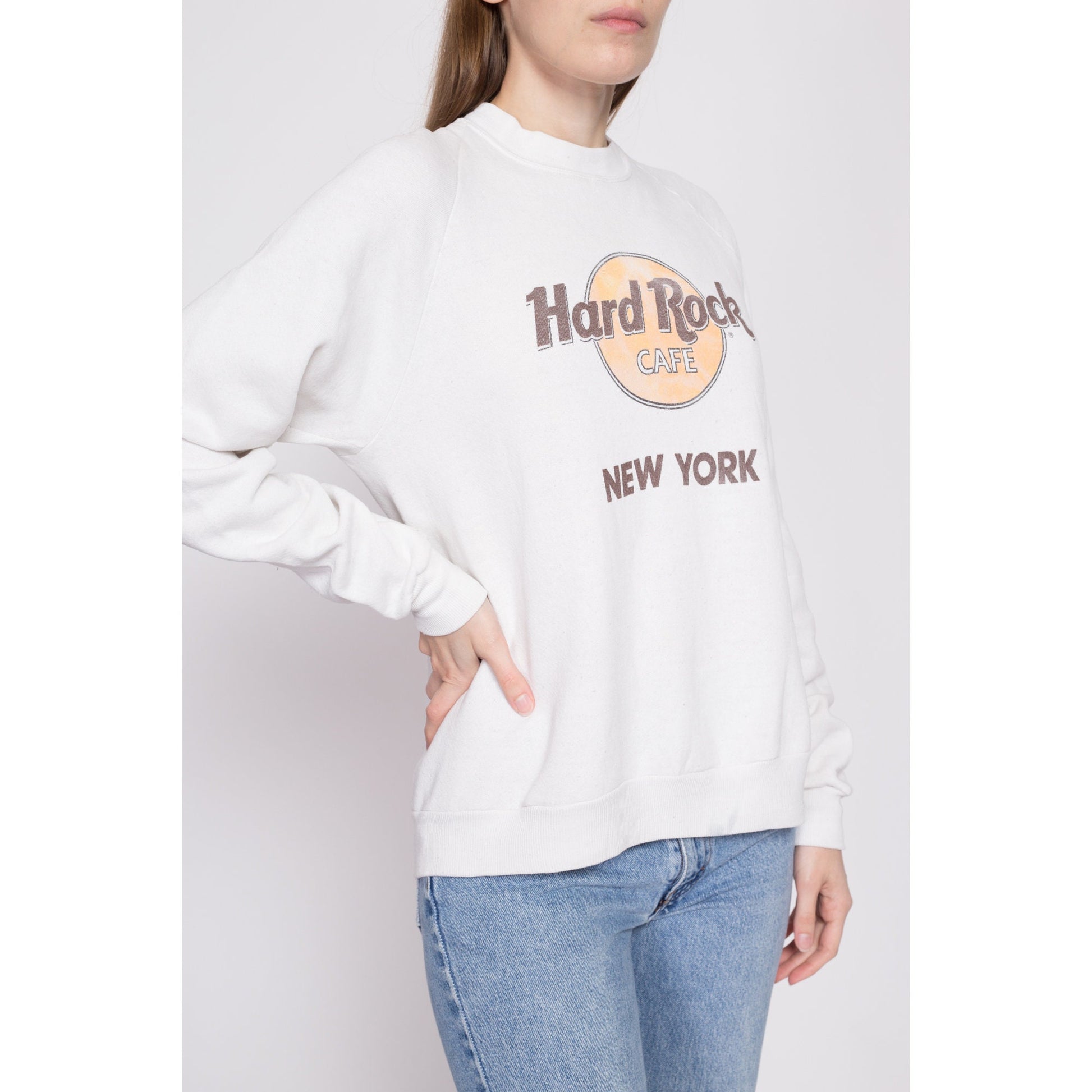 80s Hard Rock Cafe New York City Sweatshirt - Men's Medium, Women's Large | Vintage White Graphic Crewneck Tourist Pullover