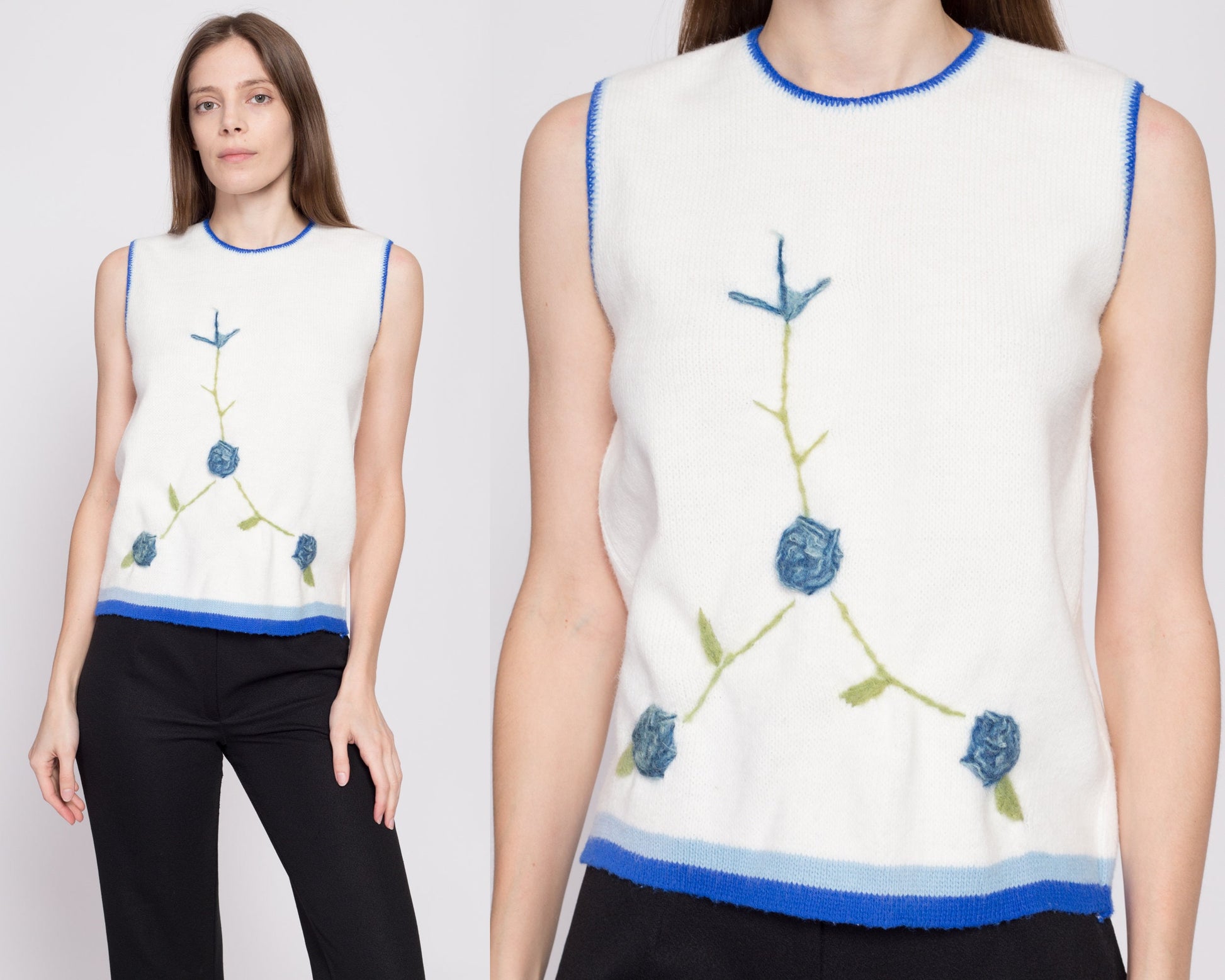 70s Embroidered Floral Knit Sleeveless Top - Small to Medium | Vintage Carol Brent White Blue Sweater Vest Cropped Tank