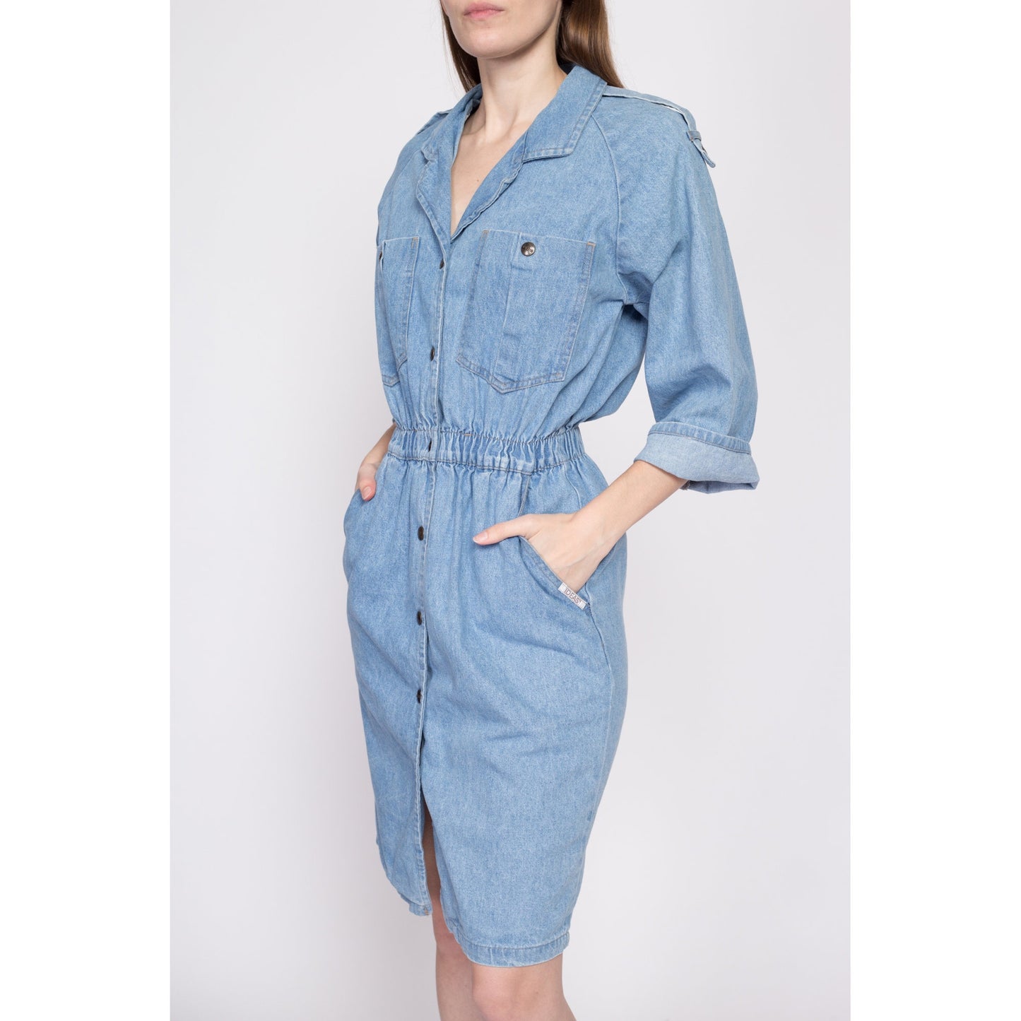 80s Denim Snap Front Mini Dress - Small to Medium | Vintage Ideas Epaulette 3/4 Sleeve Fitted Jean Shirtdress