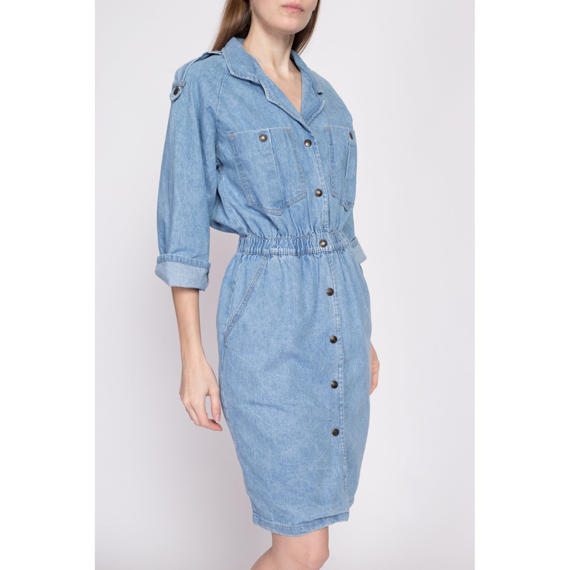 80s Denim Snap Front Mini Dress - Small to Medium | Vintage Ideas Epaulette 3/4 Sleeve Fitted Jean Shirtdress