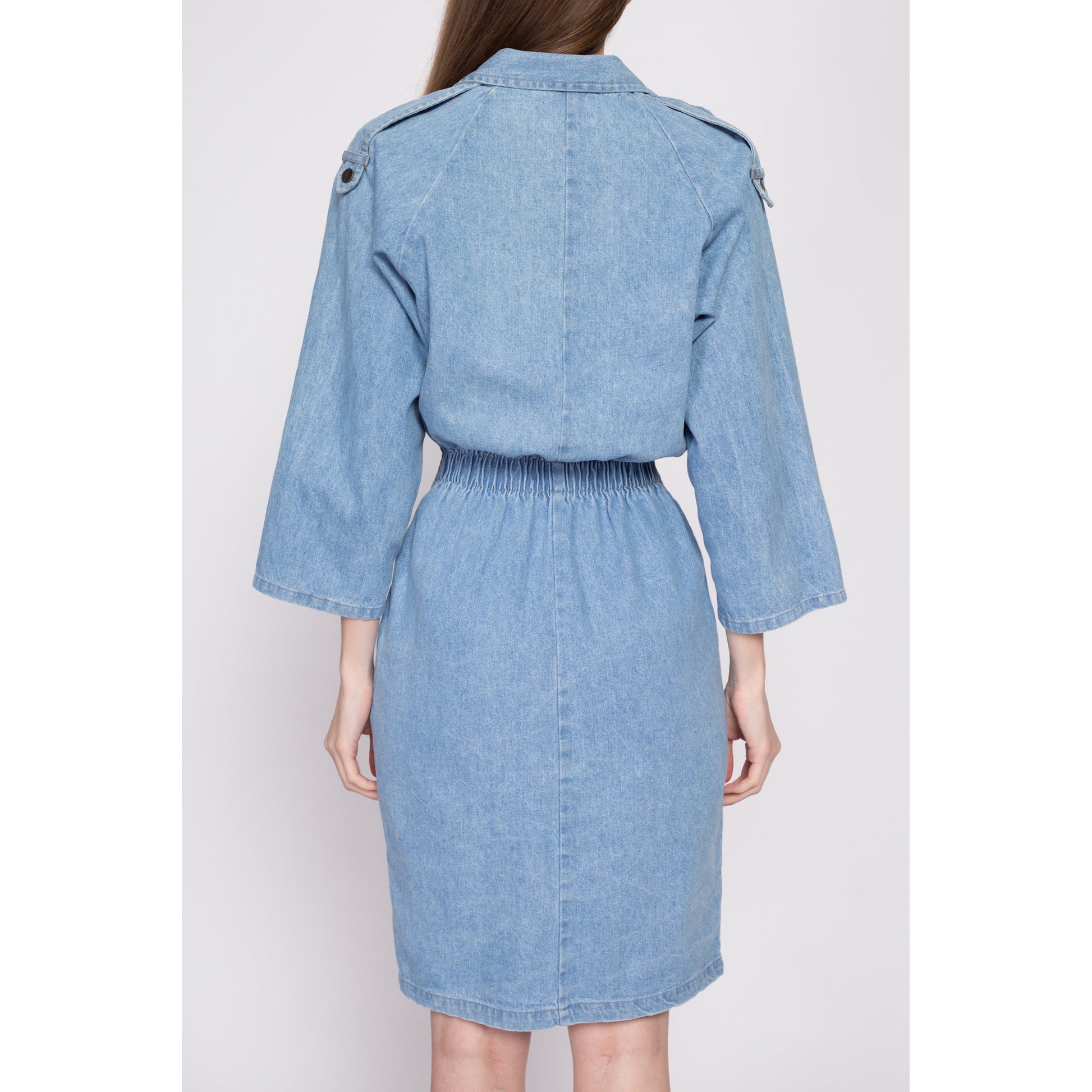 80s Denim Snap Front Mini Dress - Small to Medium | Vintage Ideas Epaulette 3/4 Sleeve Fitted Jean Shirtdress