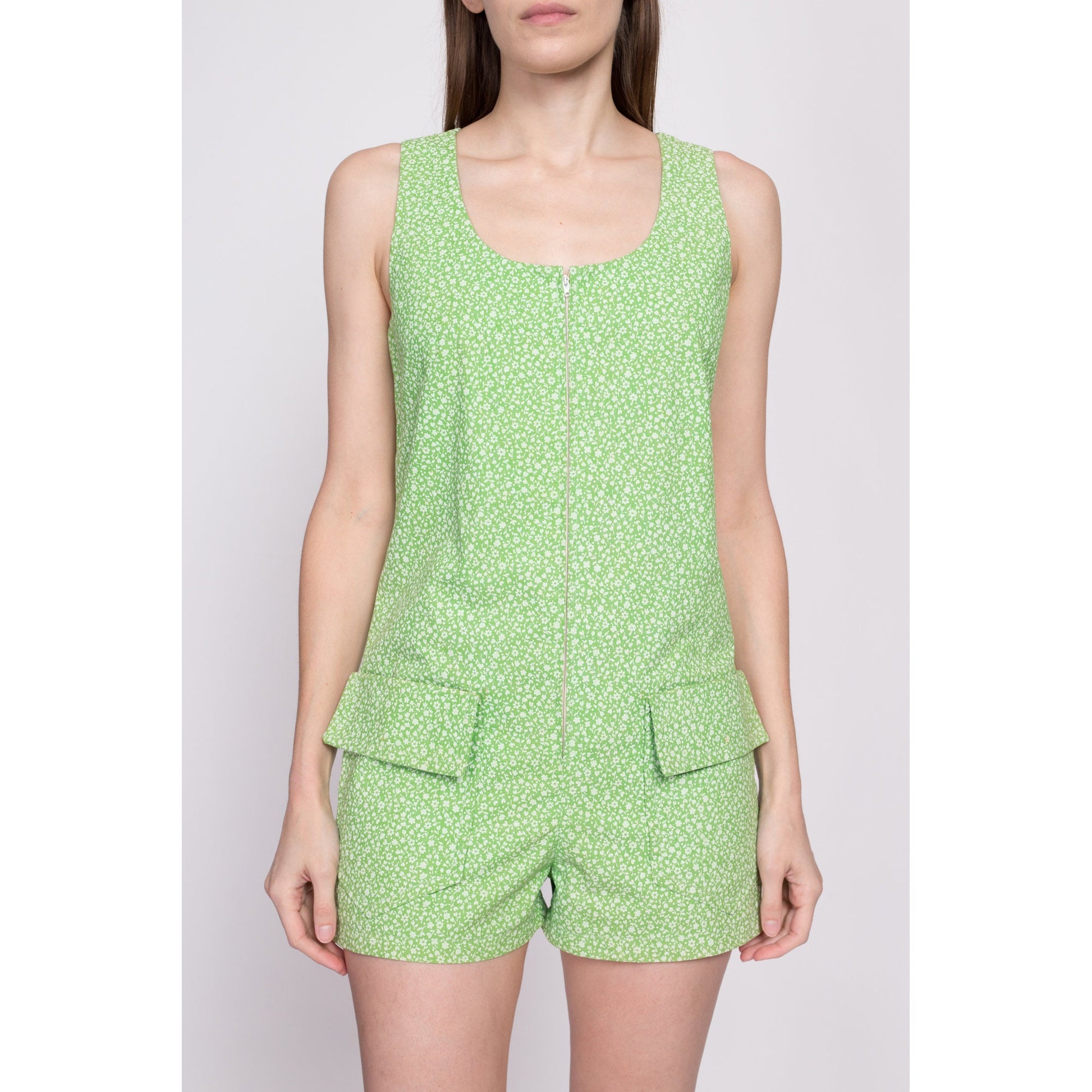 60s Green Calico Floral Romper - Small | Vintage Zip Front Retro Sleeveless Mini Playsuit