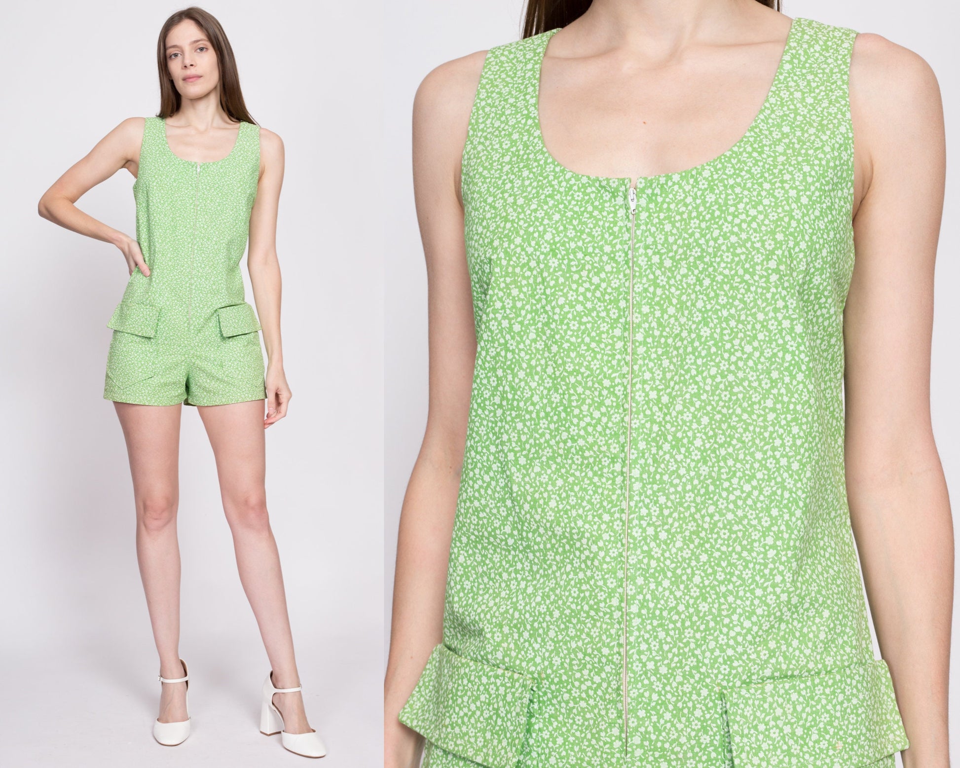 60s Green Calico Floral Romper - Small | Vintage Zip Front Retro Sleeveless Mini Playsuit