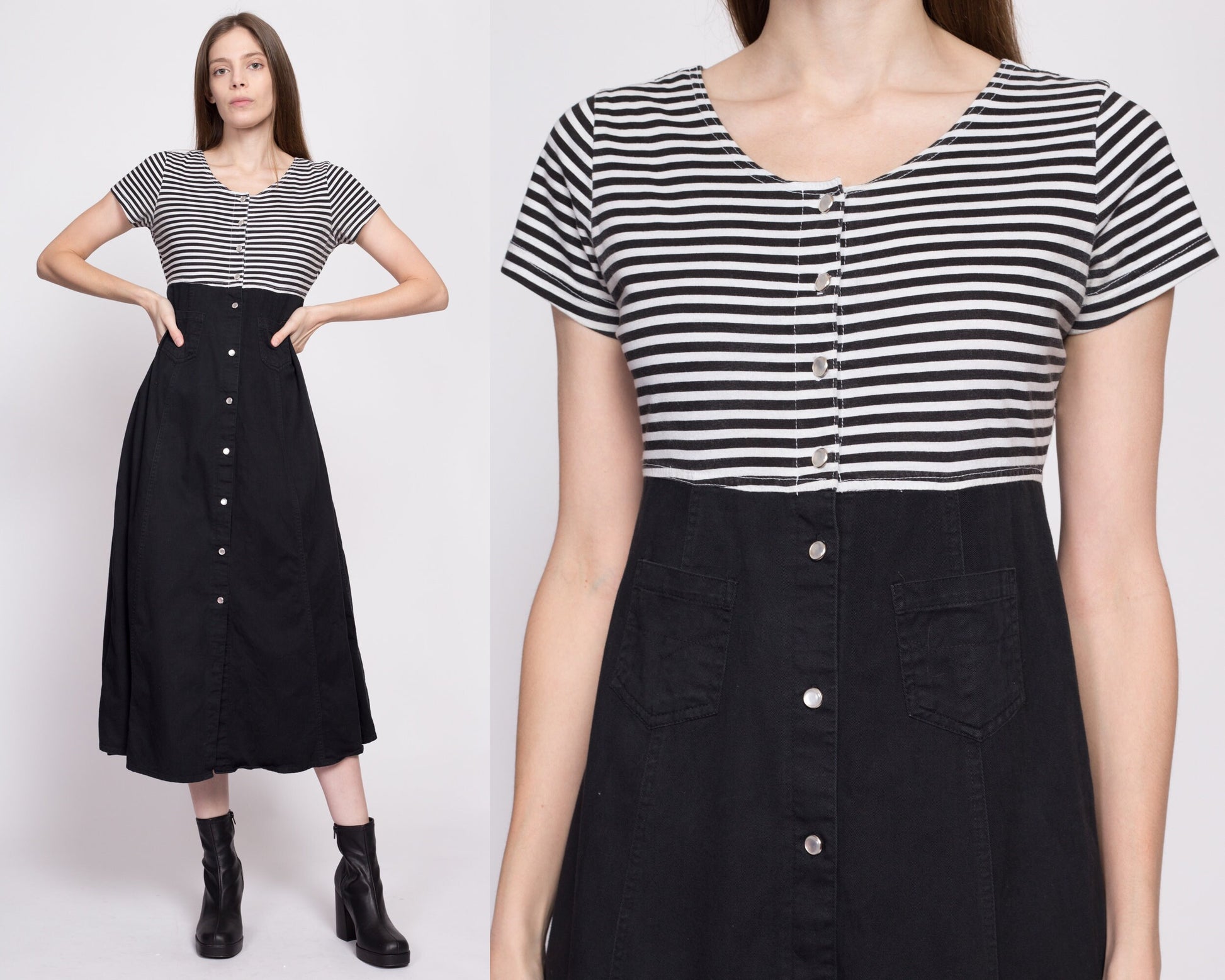90s Grunge Two Tone Striped Midi Dress - Small | Vintage Button Front A Line Black & White Pocket Dress