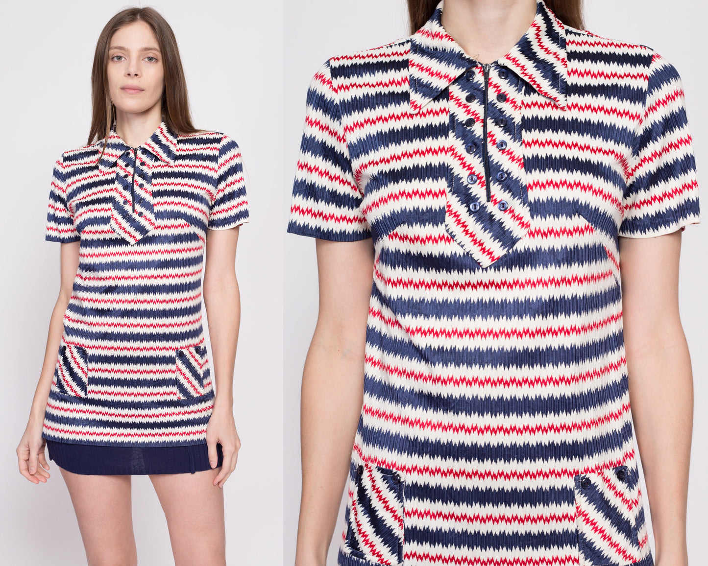 60s 70s Mod Flame Stitch Top - Medium | Vintage Red White Blue Zig Zag Striped Collared Tunic Shirt