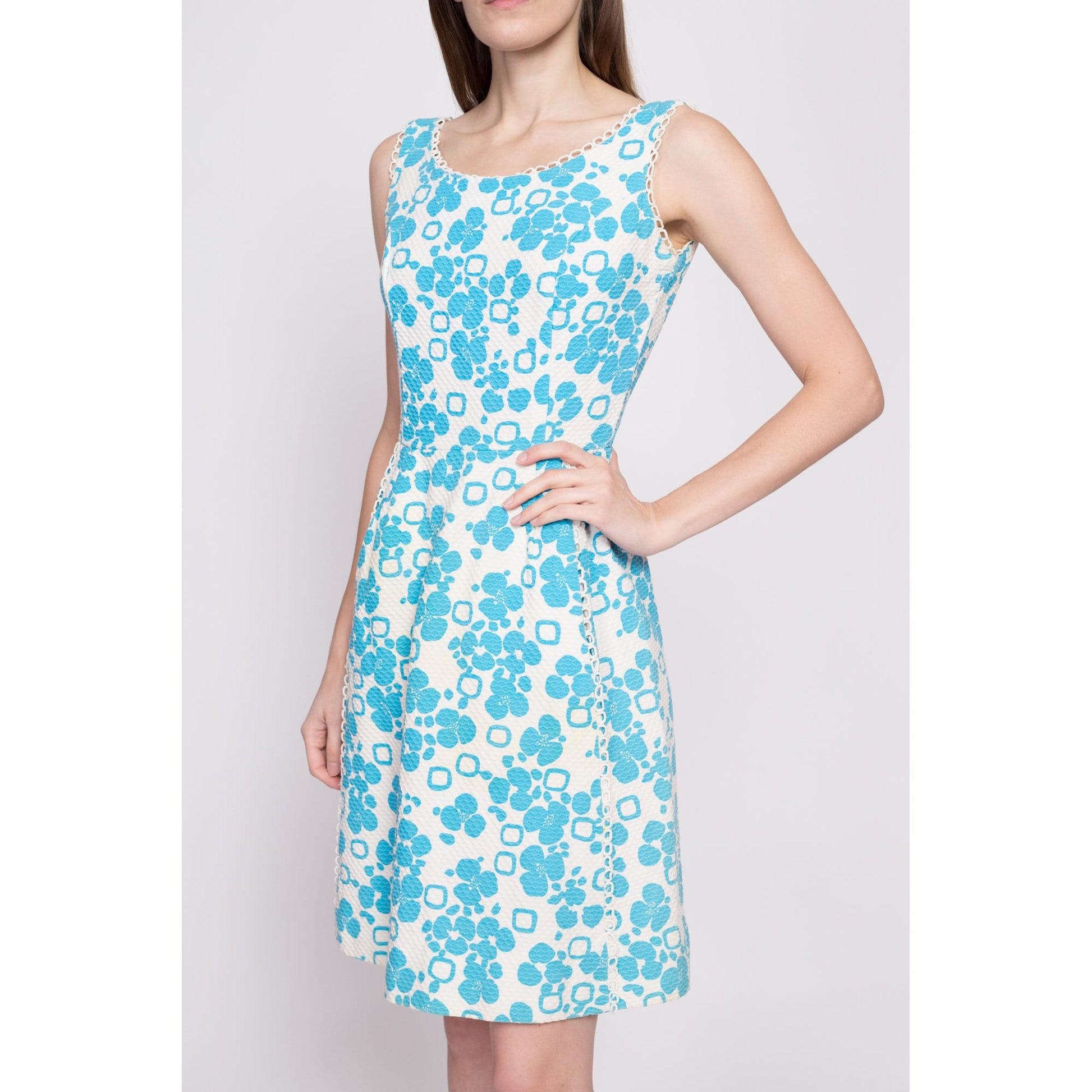 60s Blue & White Floral A Line Dress, As Is - Extra Small | Vintage Midge Grant Sleeveless Retro Pocket Mini Dress